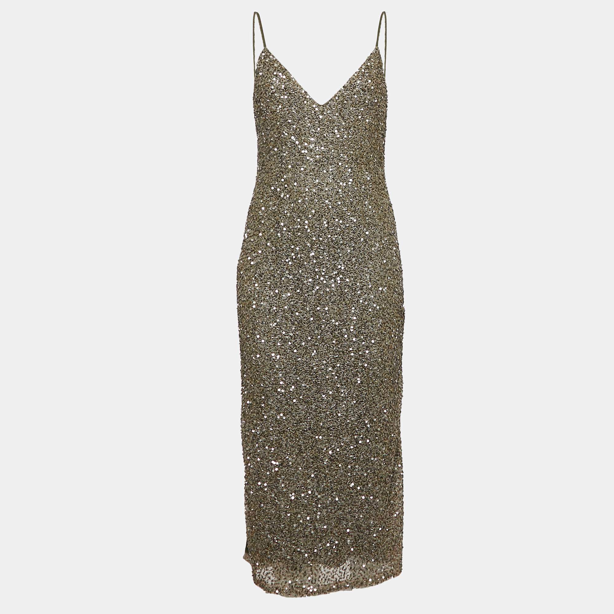 Alice + Olivia Green Sequin Embellished Nylon Mini Slip Dress M