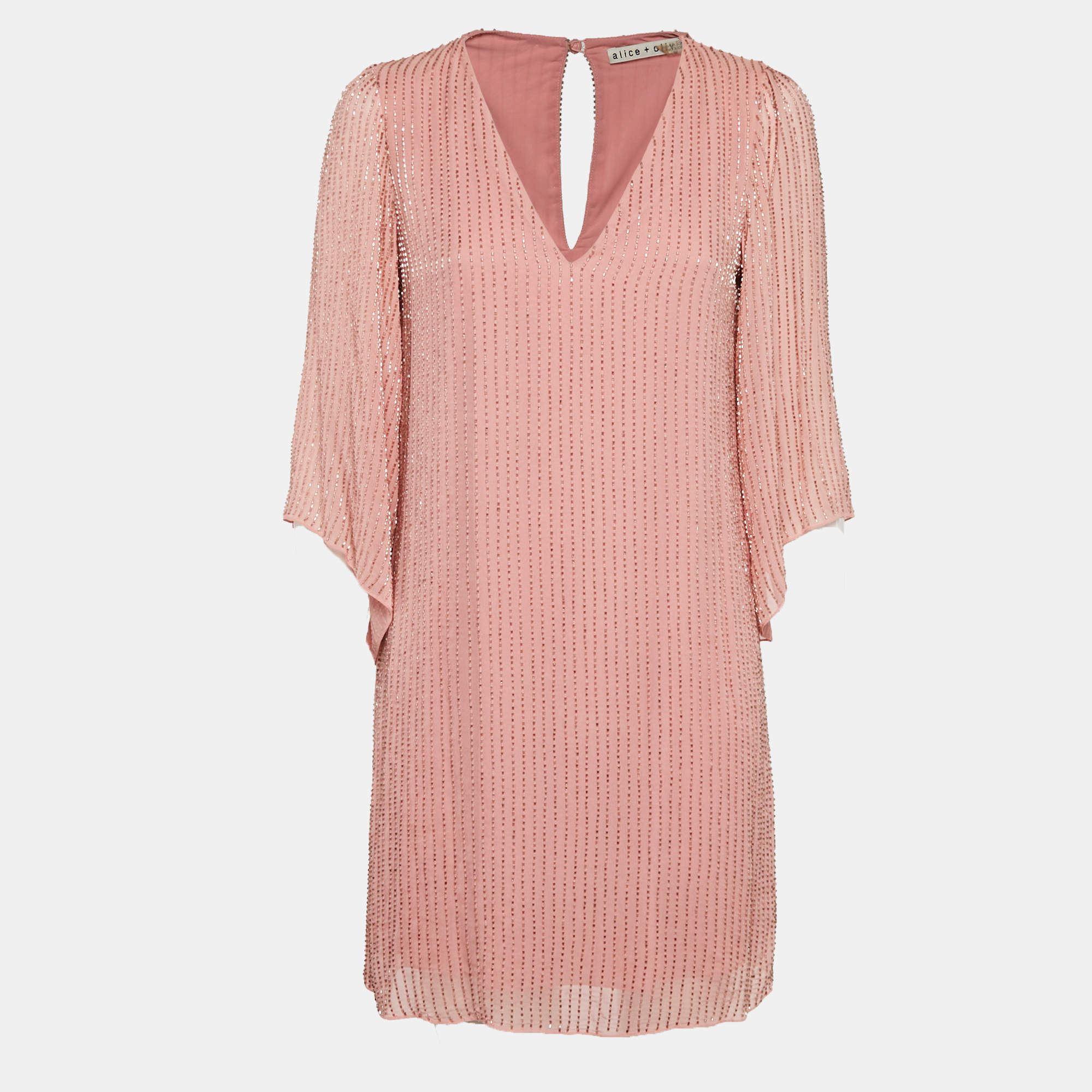 Pre Owned Alice + Olivia Pink Embellished Crepe V-Neck Mini Dress S