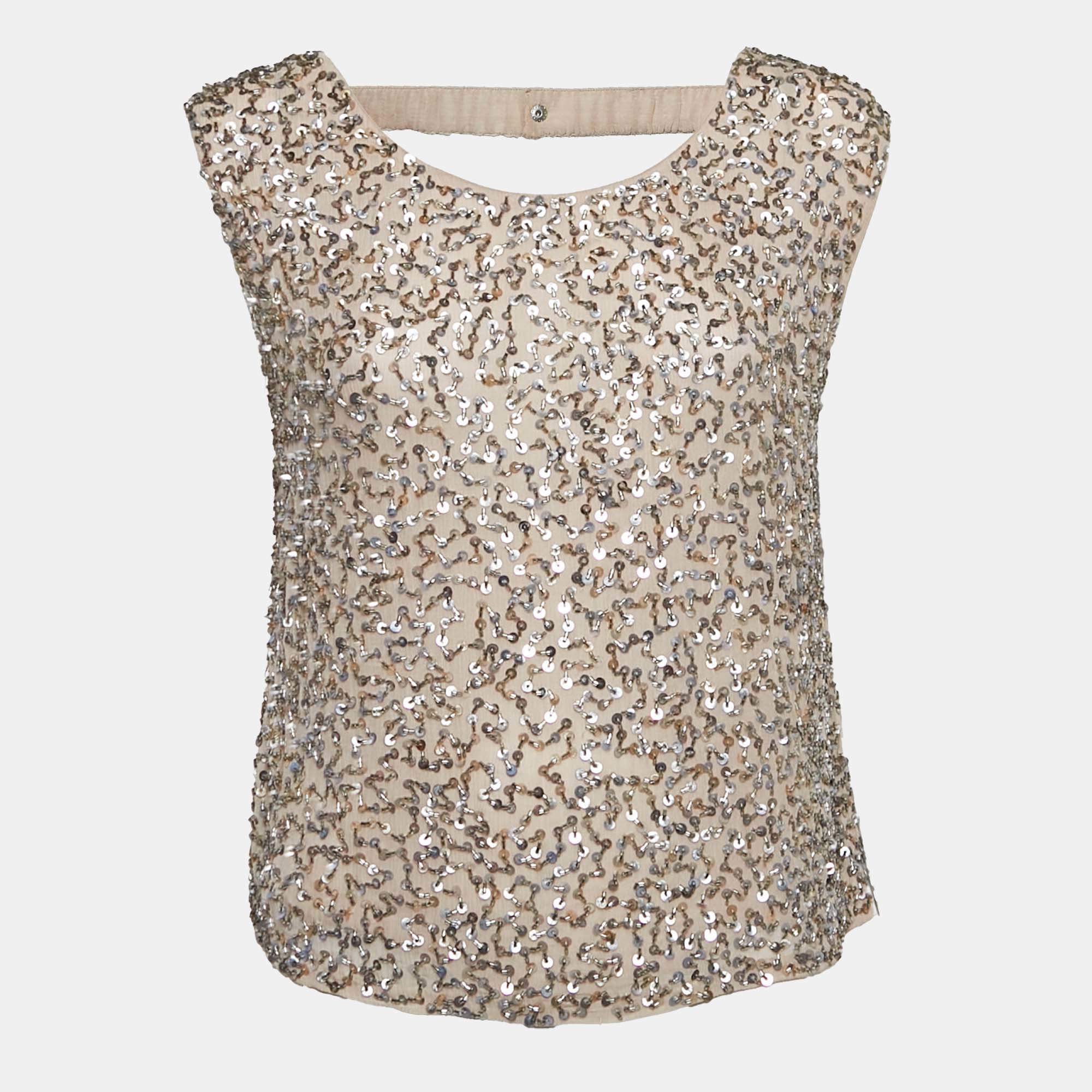 Alice + Olivia Beige Sequin and Beads Embellished Chiffon Sleeveless Top M