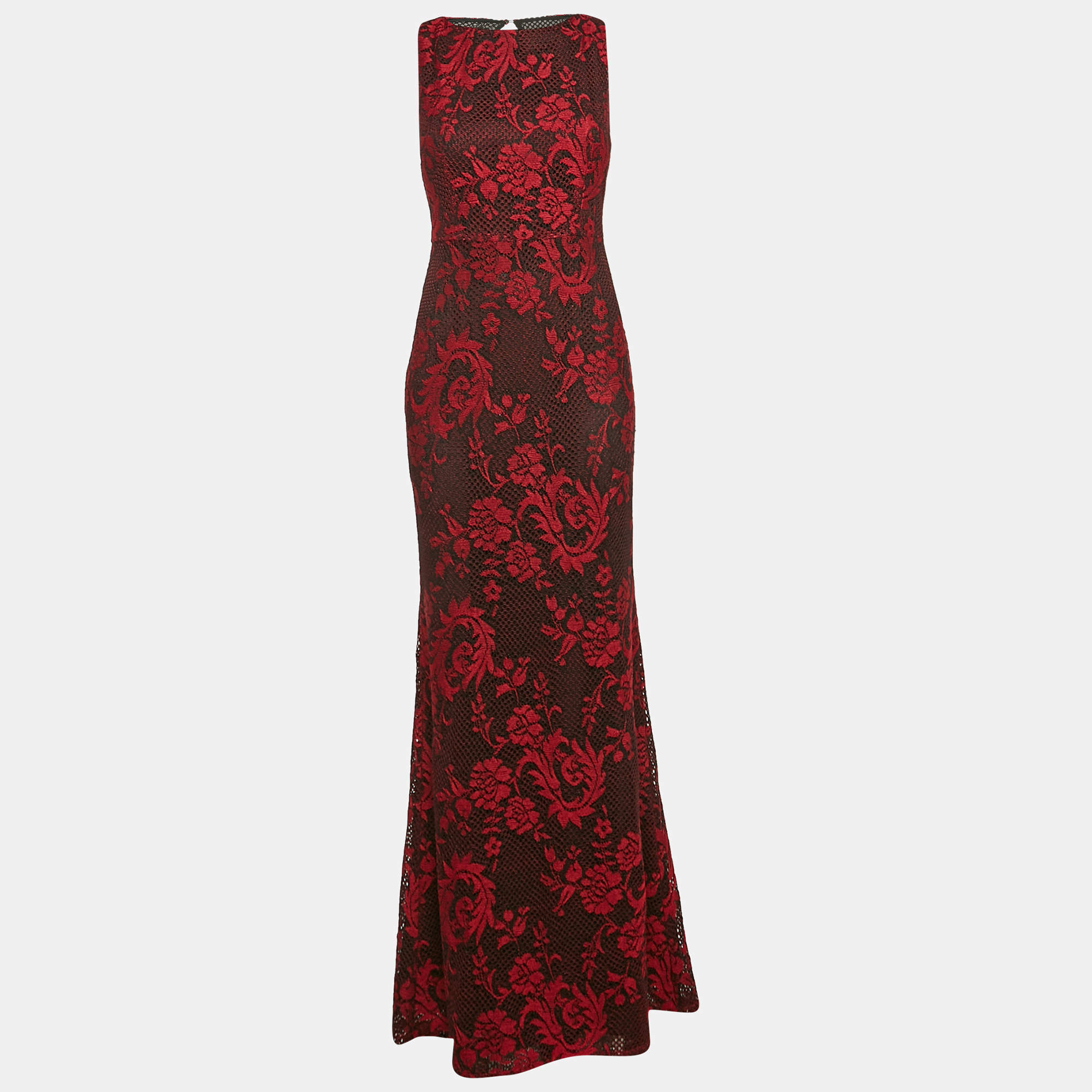 Pre Owned Alice + Olivia Red/Black Floral Patterned Knit Sleeveless Maxi Dress M