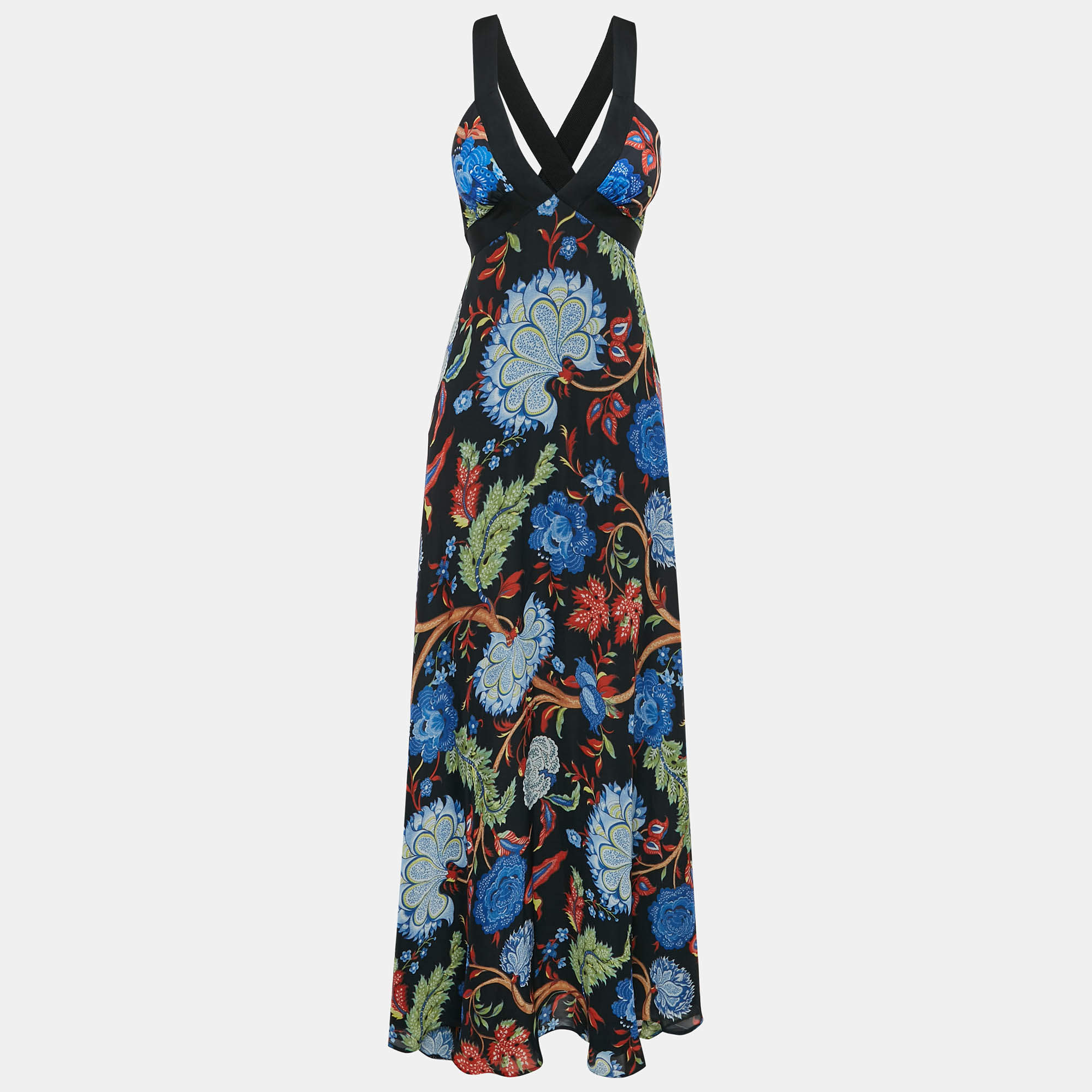 Alice + Olivia Black/Multicolor Floral Print Silk Maxi Dress M