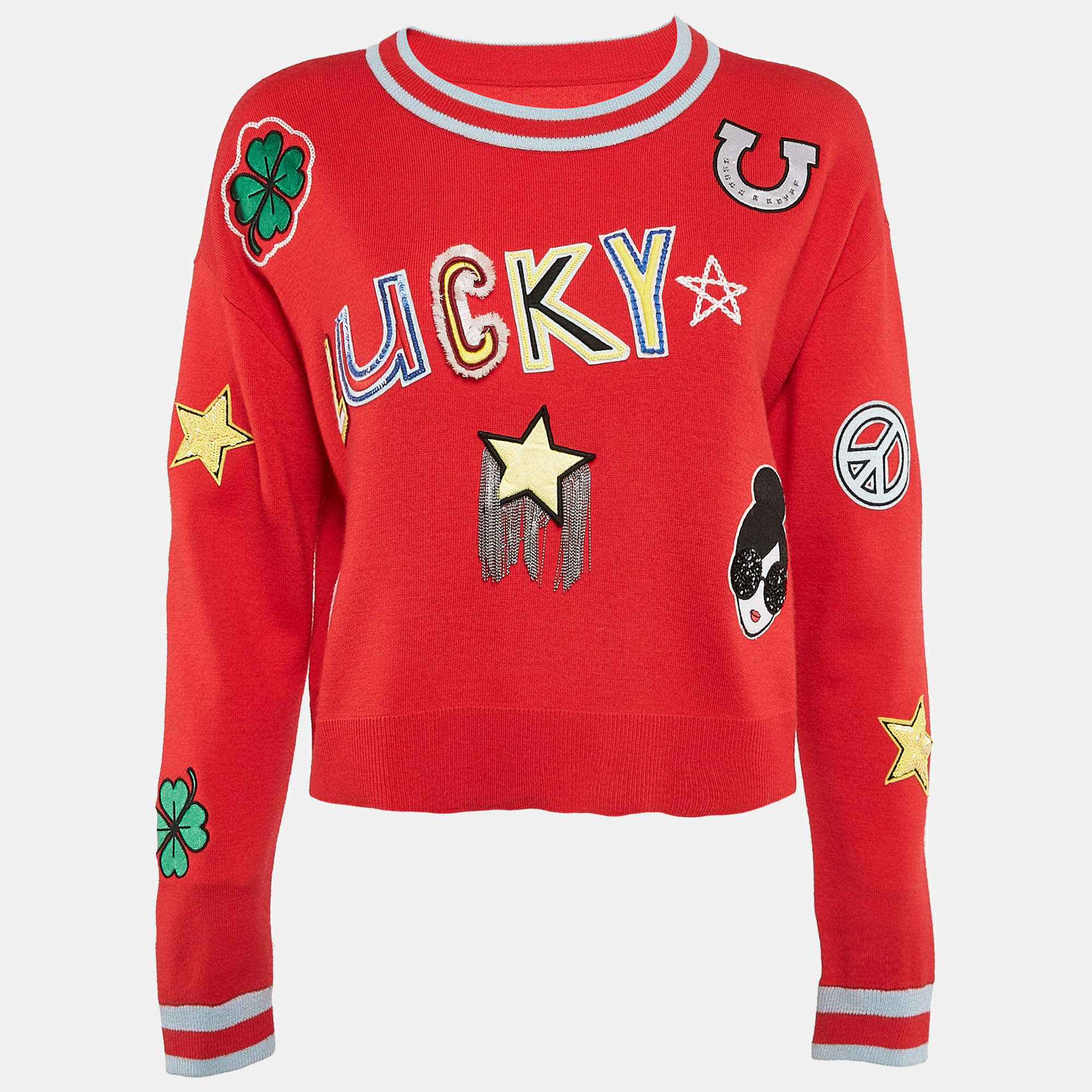 Alice + Olivia Red Wool Applique Detail Gleeson Jumper L