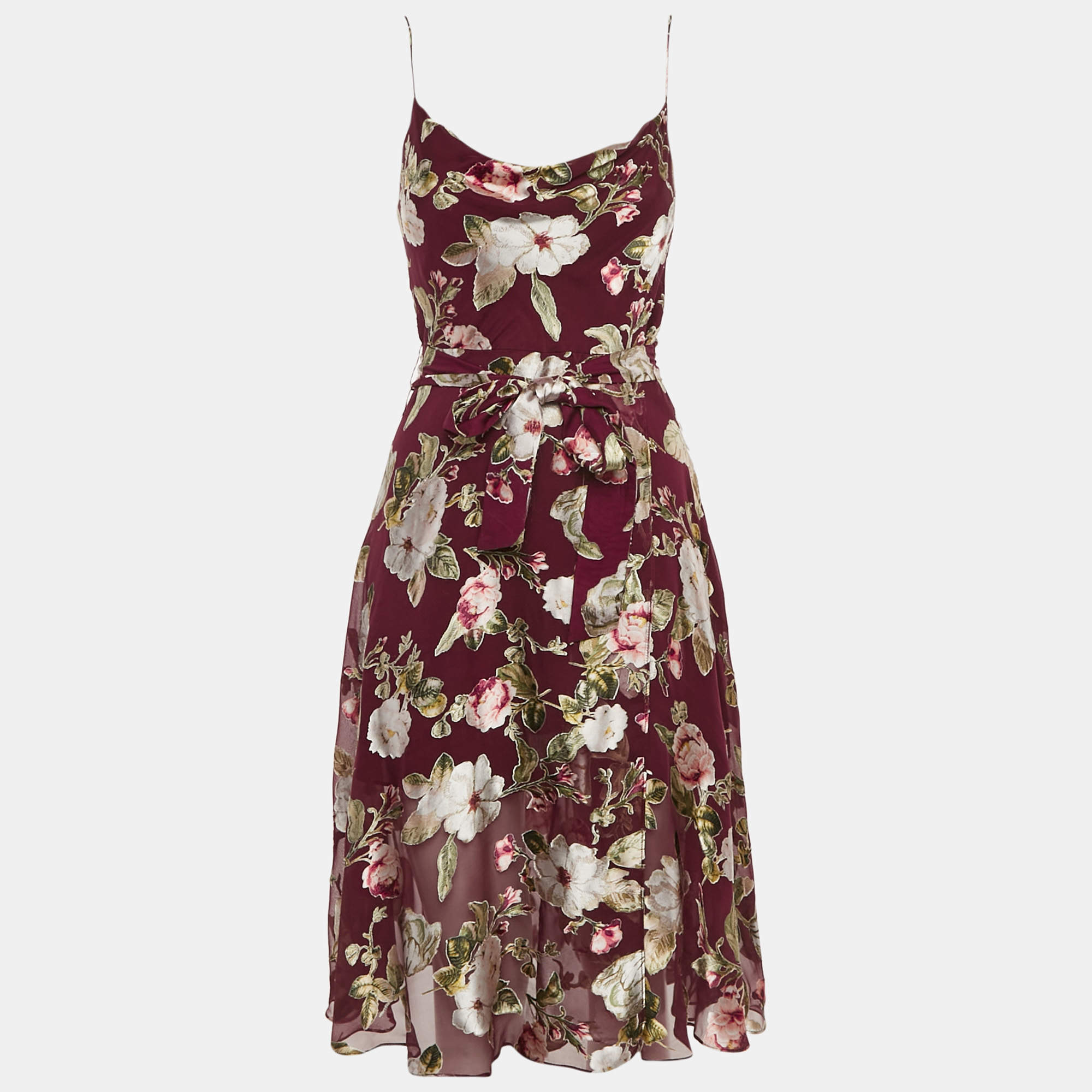 Pre Owned Alice + Olivia Burgundy Floral Fil-coupe Silk Blend Midi Dress XS