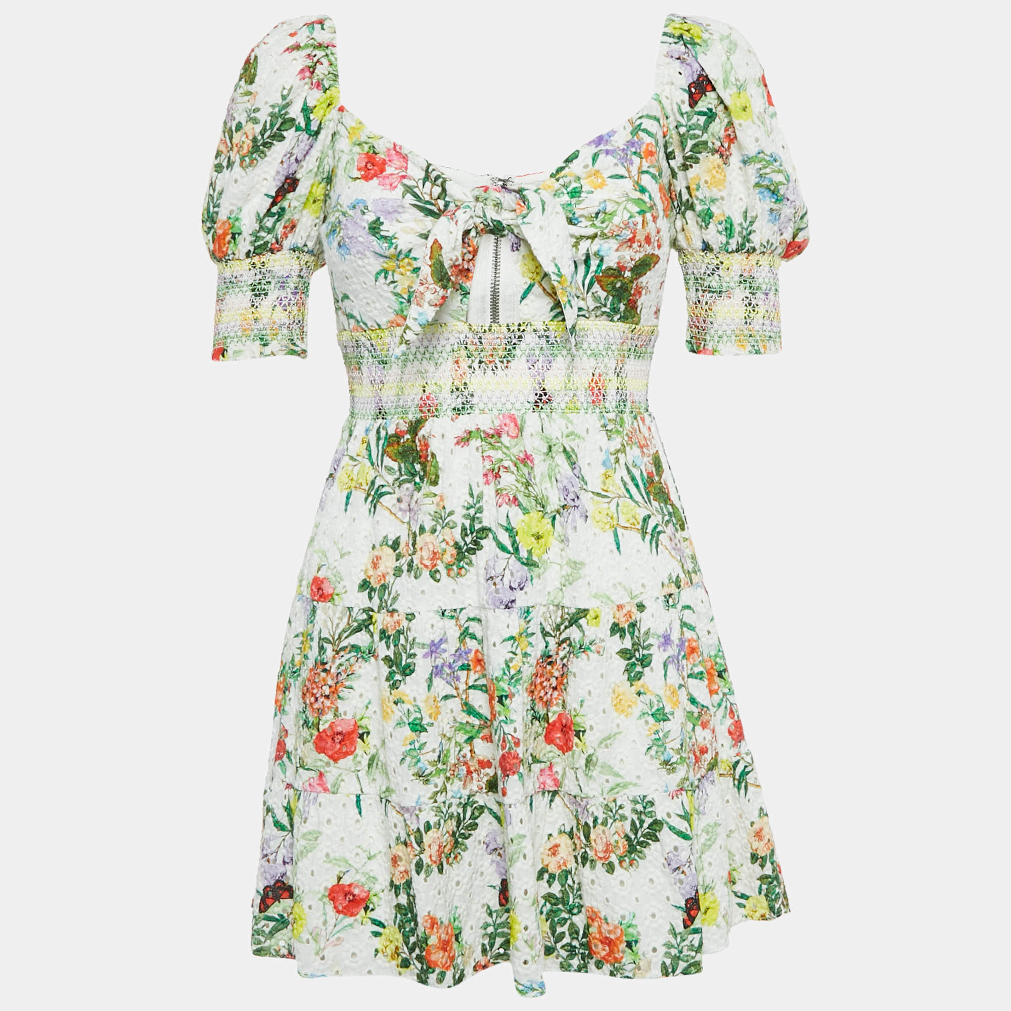 Pre Owned Alice + Olivia Multicolor Schiffli Smoked Flounce Mini Dress S