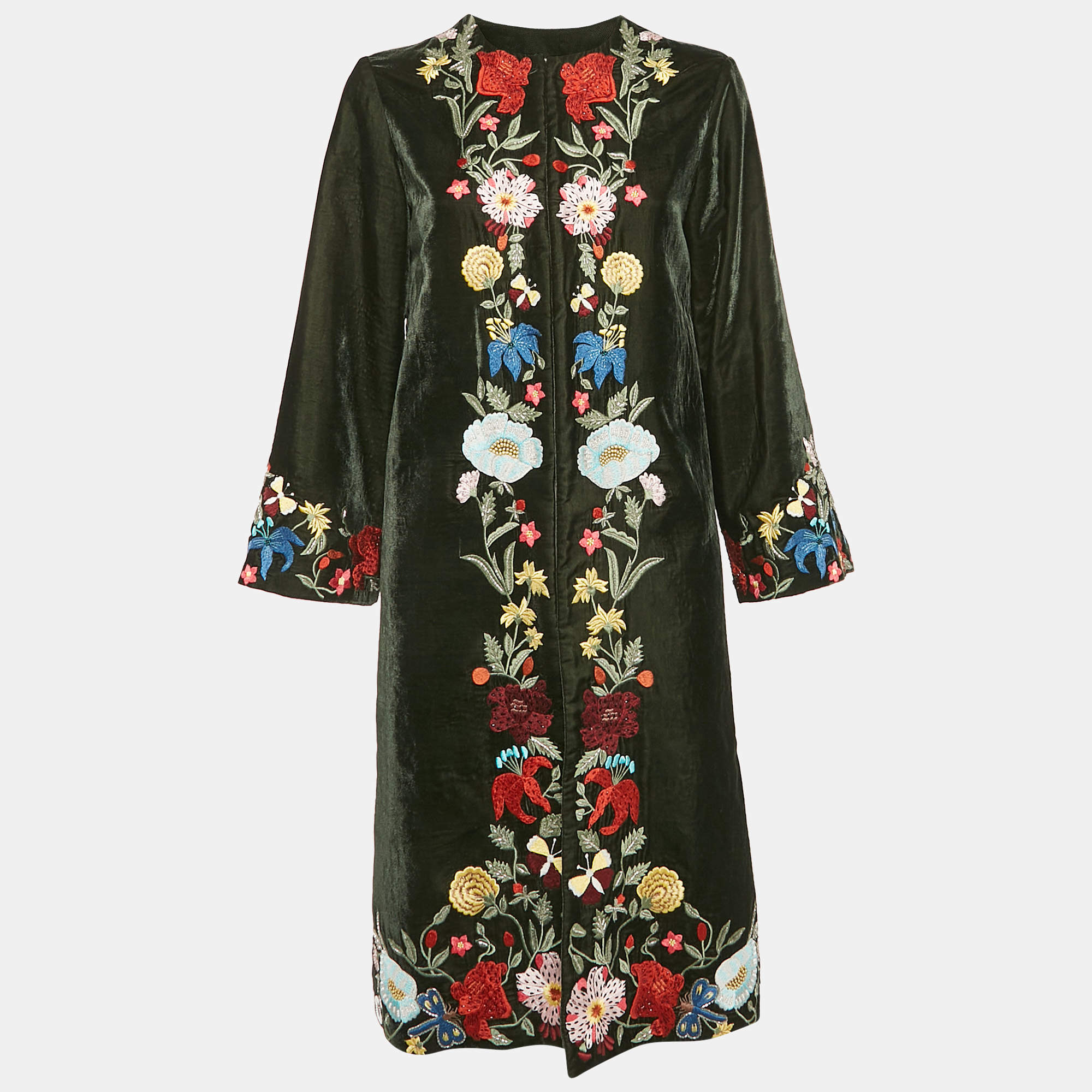 Pre Owned Alice + Olivia Green Floral Embroidered Velvet Mid-Length Coat M