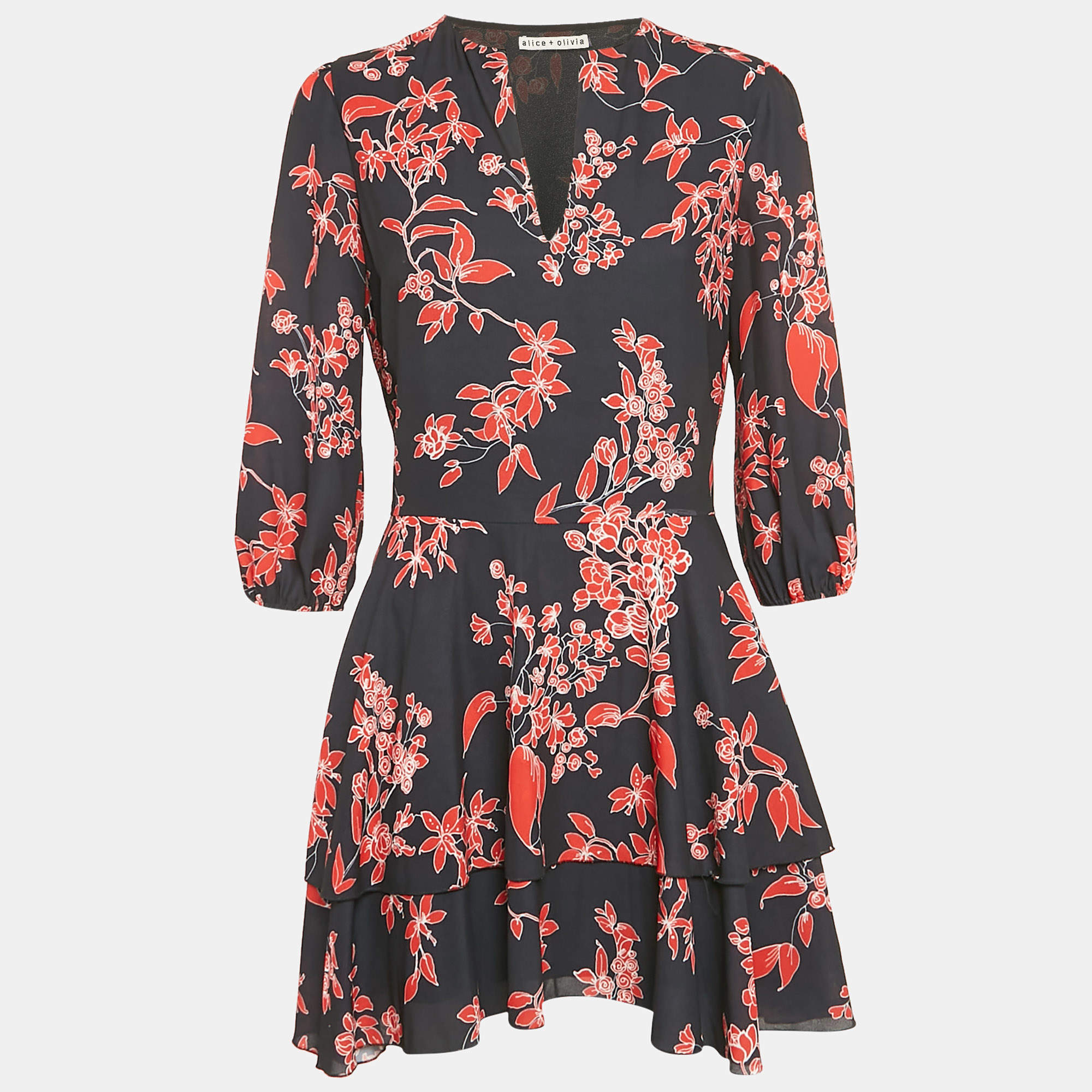 Alice + Olivia Black Floral Print Chiffon Short Dress M