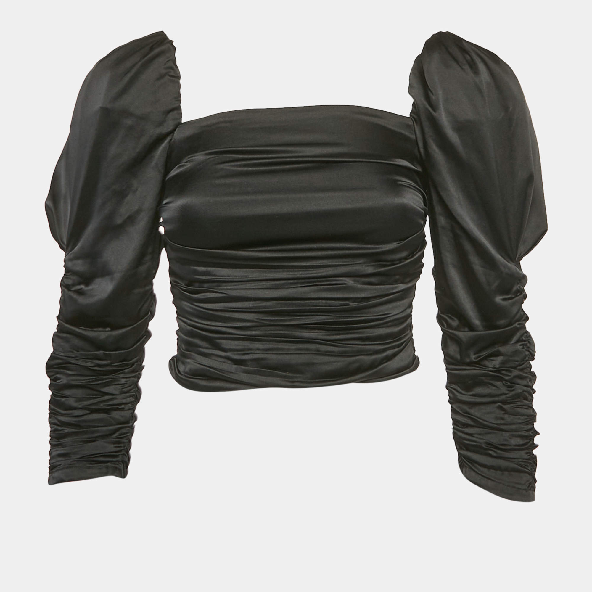 Alice + Olivia Black Silk Satin Ruched Puff Sleeve Katrice Top S