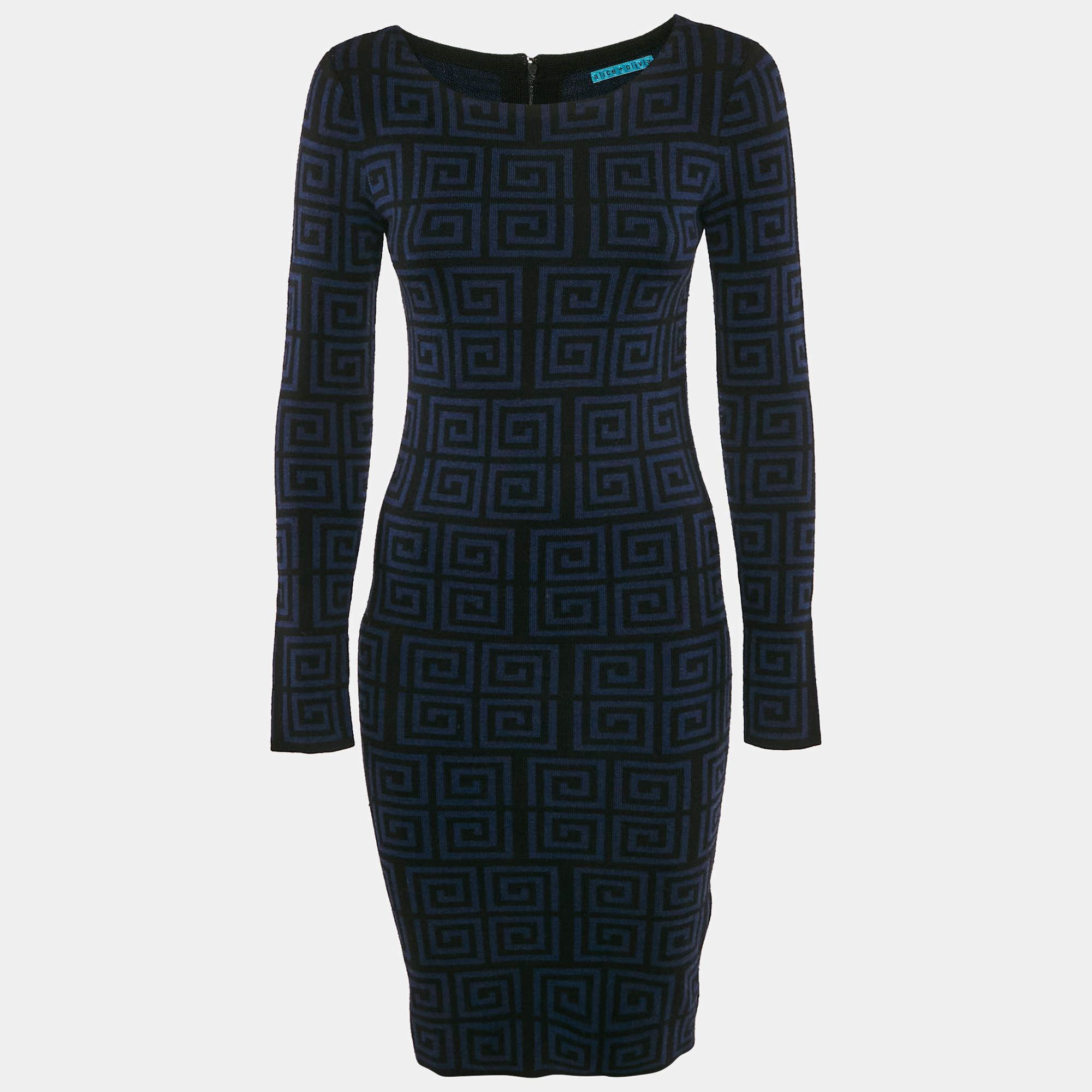 Alice + Olivia Blue/Black Patterned Wool Knit Knee-Length Dress M