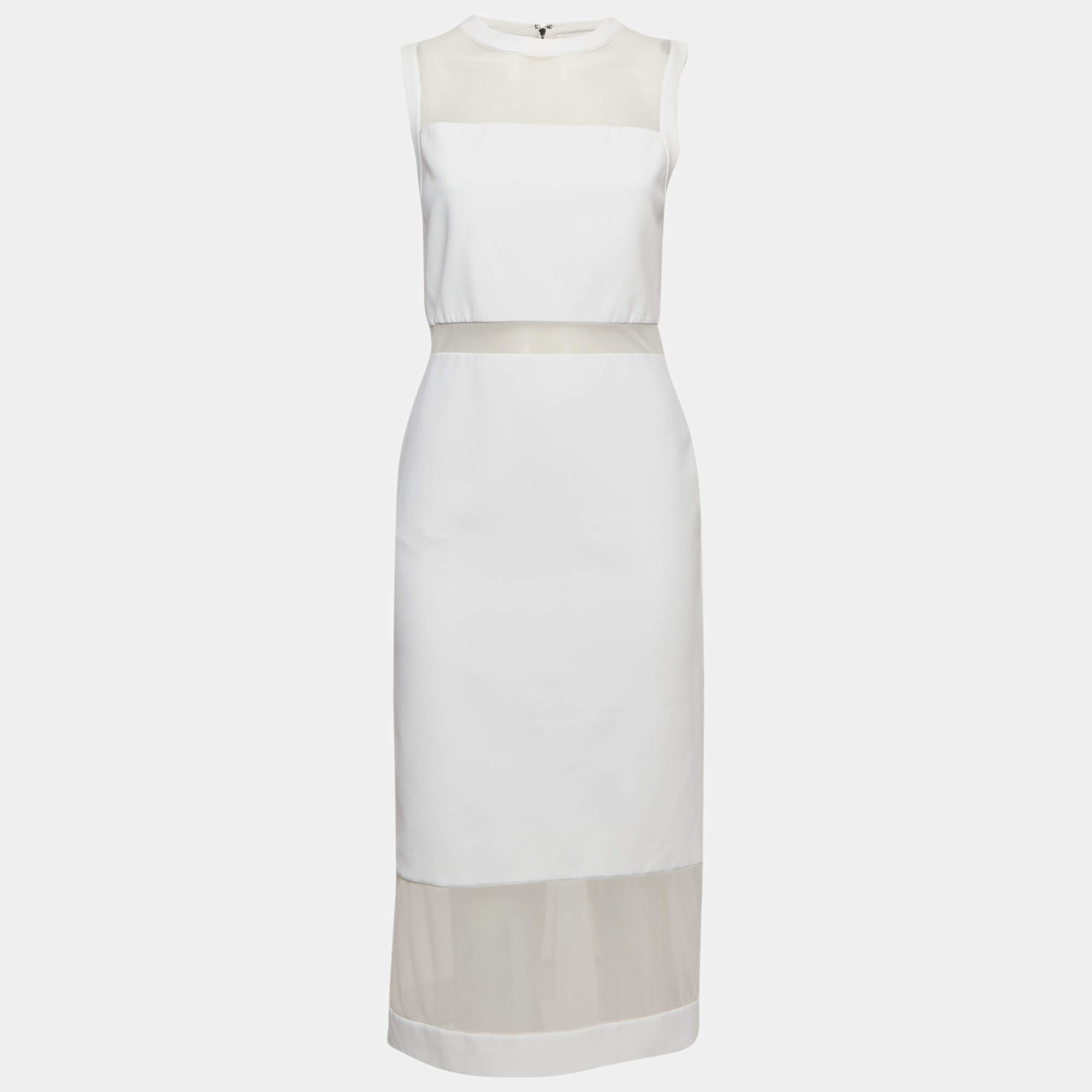 Alice + Olivia White Mesh and Crepe Sleeveless Sheath Dress M