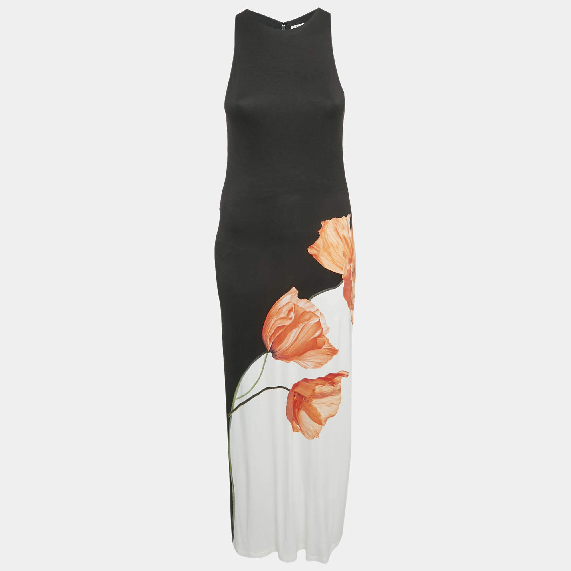 Pre Owned Alice + Olivia Black Tulip Print Jersey Sleeveless Maxi Dress L