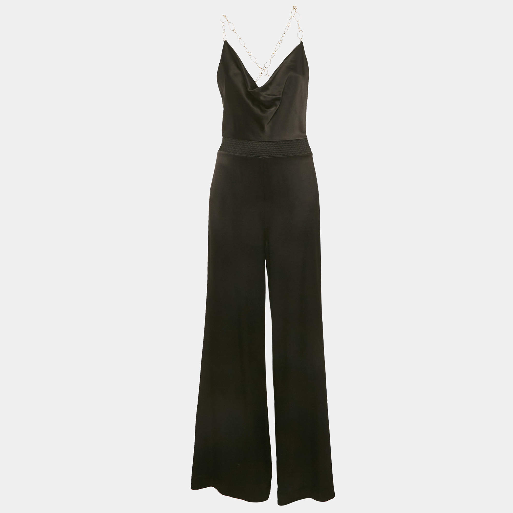 Alice + Olivia Black Satin Metal Strap Detail Jumpsuit M