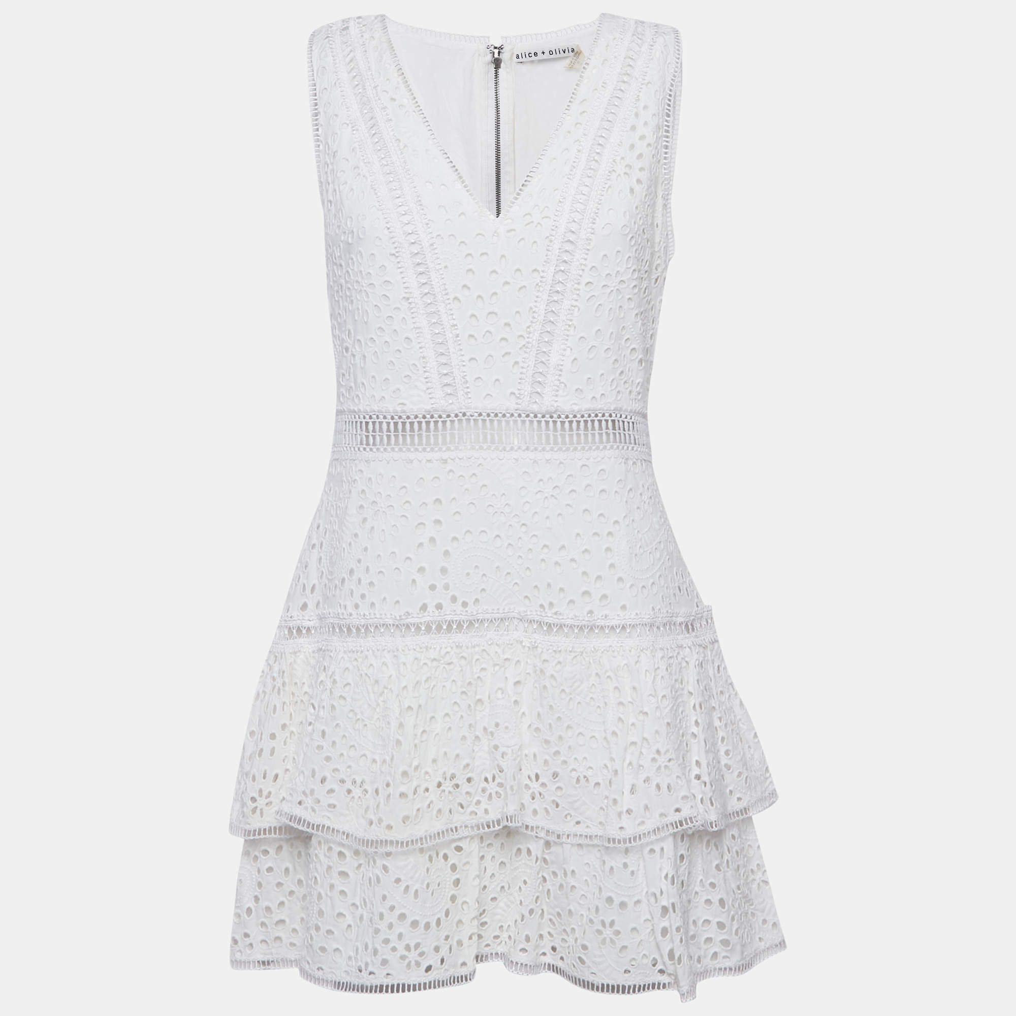 Alice + Olivia White Broderie Anglaise Modal Tiered Mini Dress L