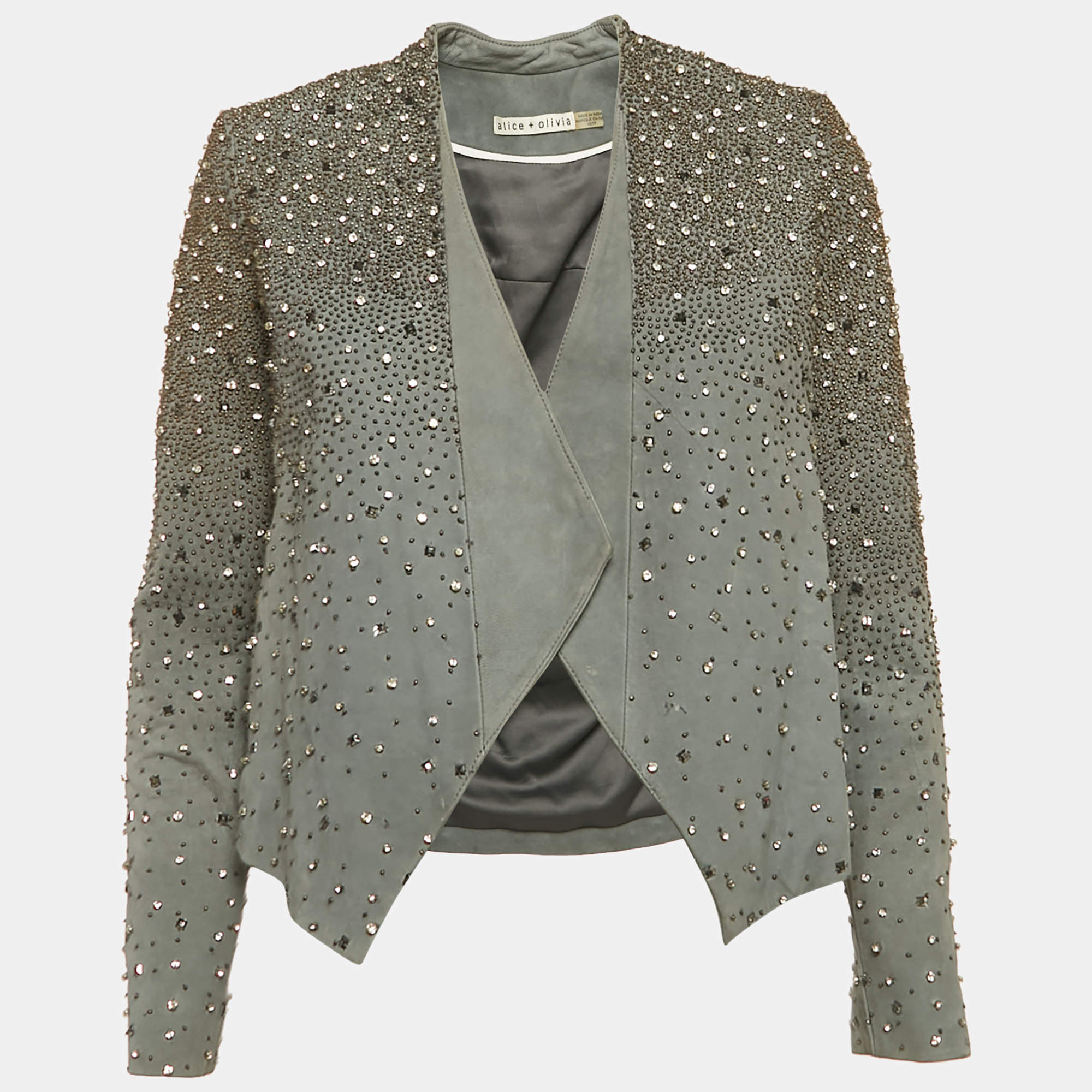 Pre Owned Alice + Olivia Grey Embellished Leather Jacket XS