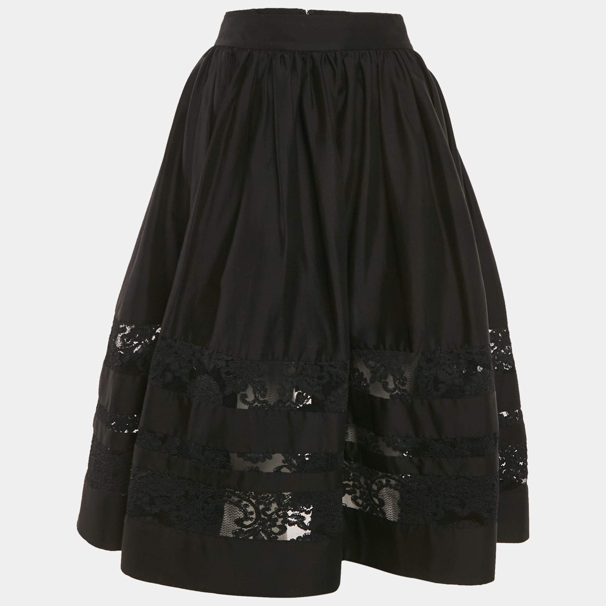 Pre Owned Alice + Olivia Black Lace Trim Poplin Midi Skirt M