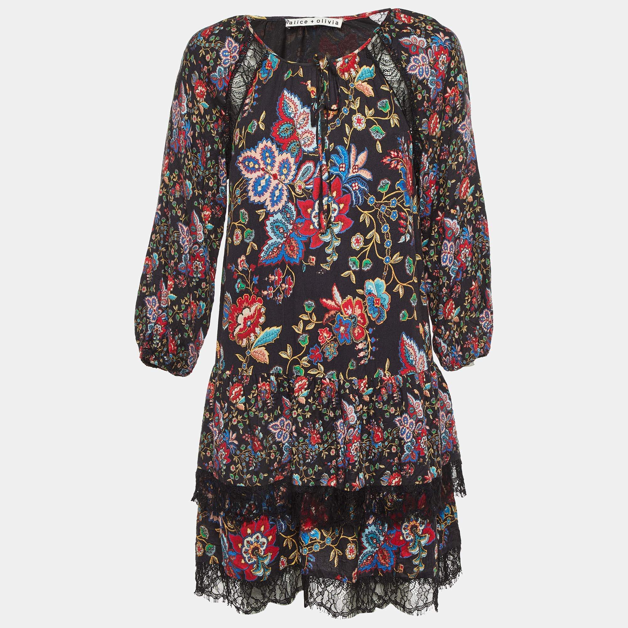 Pre Owned Alice + Olivia Black Floral Print Crepe & Lace Tiered Dress M