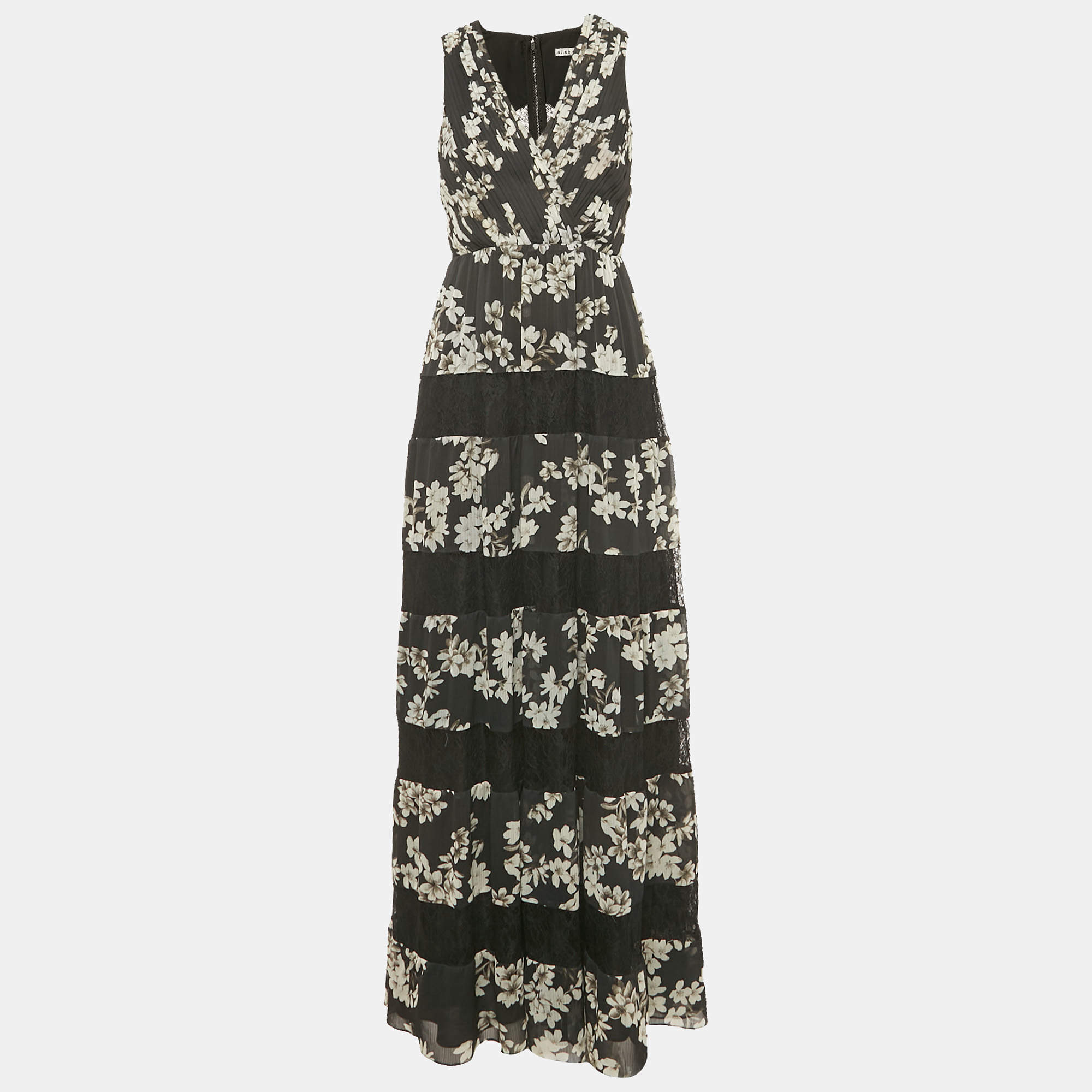 Pre Owned Alice + Olivia Black Floral Print Crepe Lace Detail Tiered Maxi Dress S