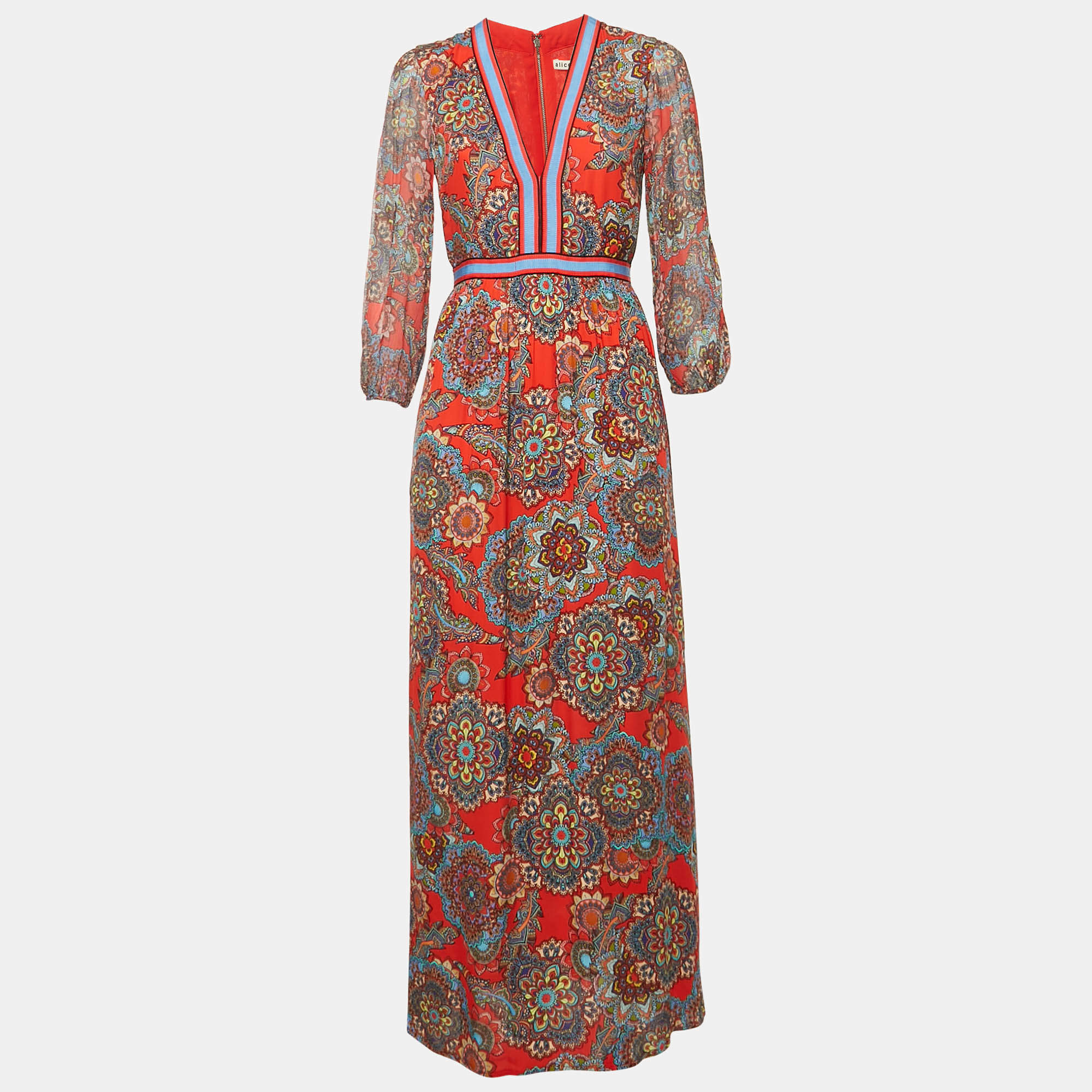 Pre Owned Alice + Olivia Red Printed Chiffon Maxi Dress M