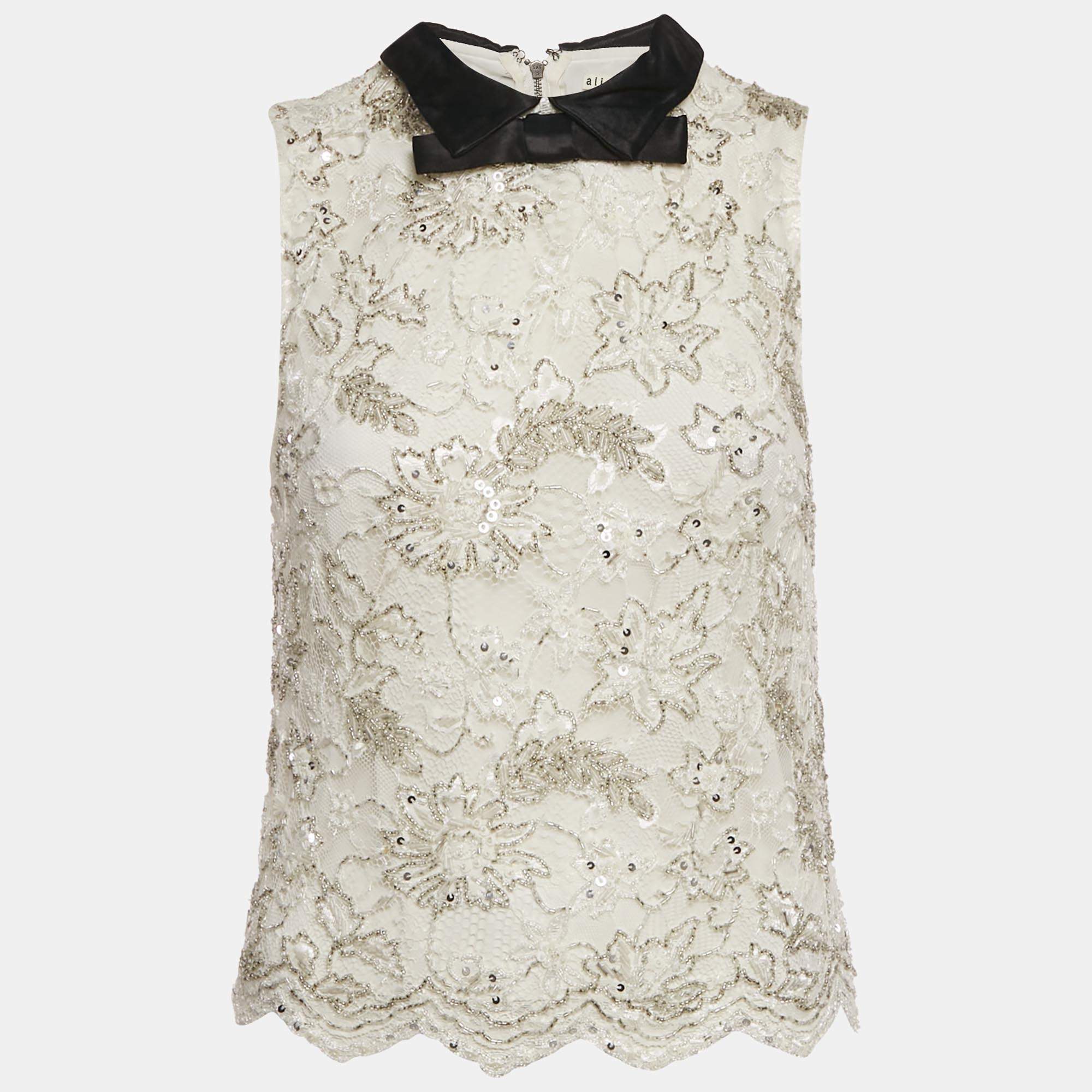 Pre Owned Alice + Olivia White Embellished Lace Sleeveless Top M