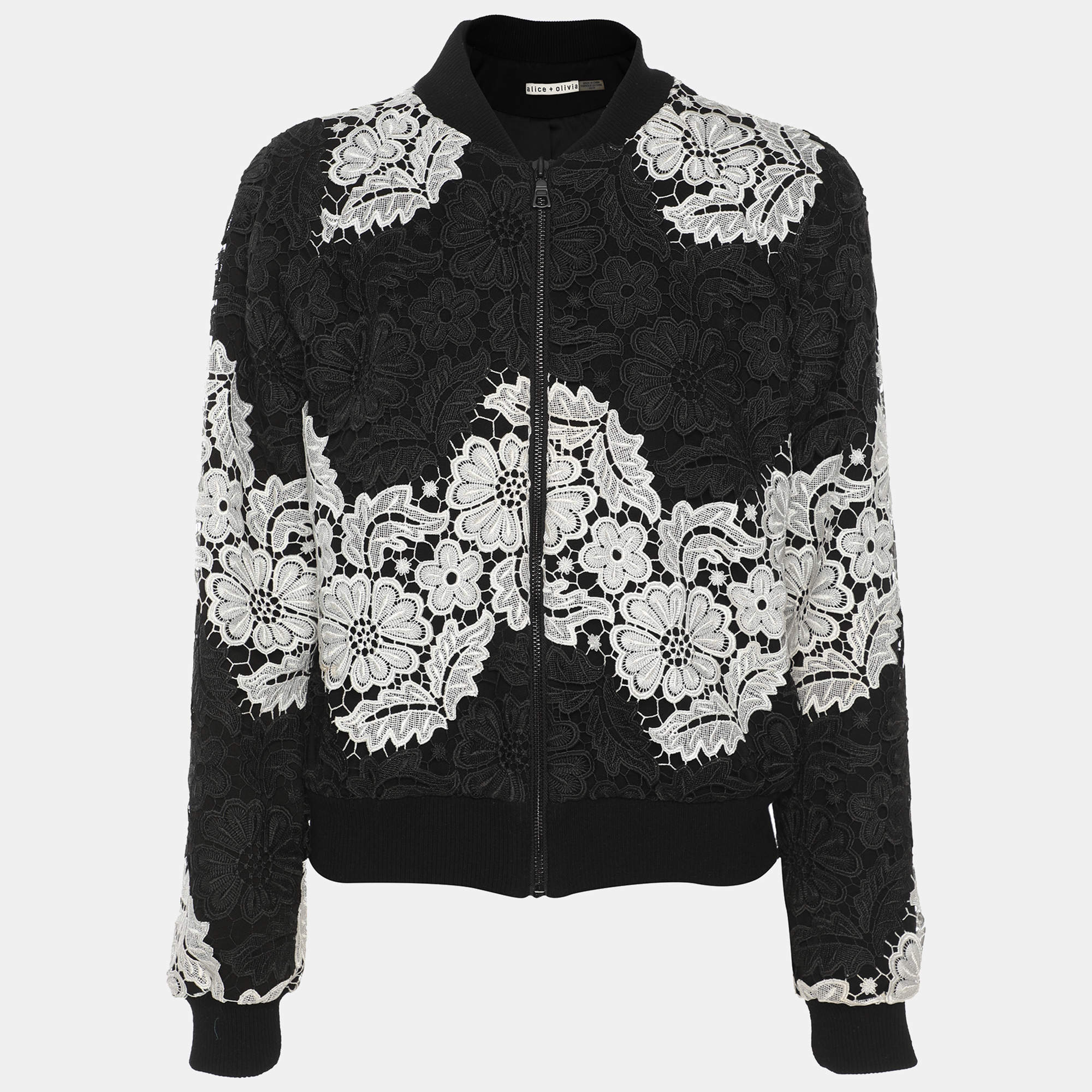 Pre Owned Alice + Olivia Black/White Floral Lace Bomber Jacket XS