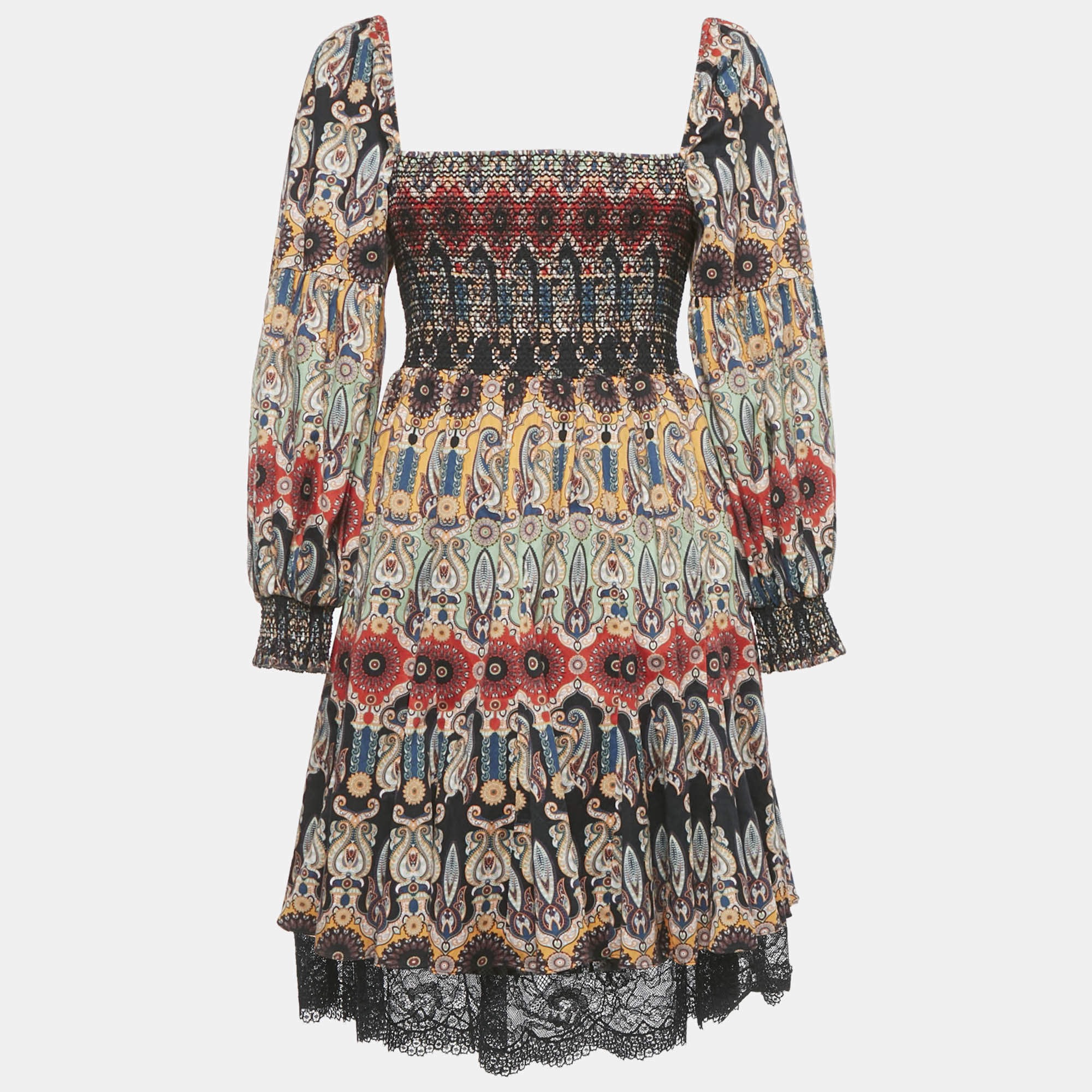 Pre Owned Alice + Olivia Multicolor Printed Crepe & Lace Detail Julissa Smocked Mini Dress S