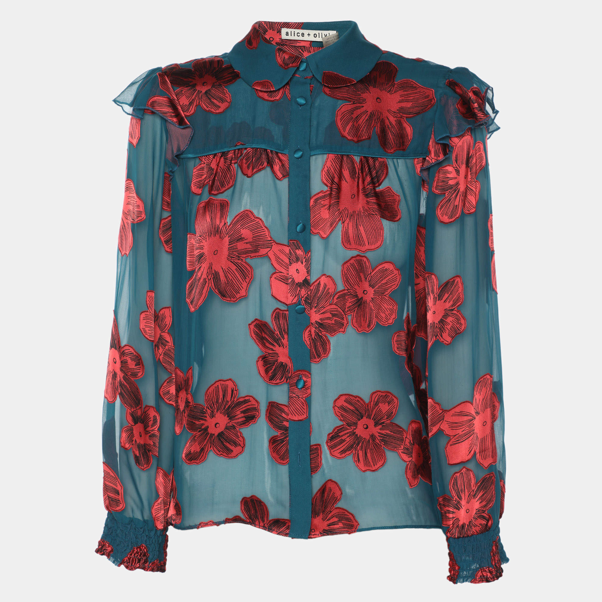 Pre Owned Alice + Olivia Teal/Red Chiffon Floral Print Ziggy Ruffle Long Sleeve Blouse S