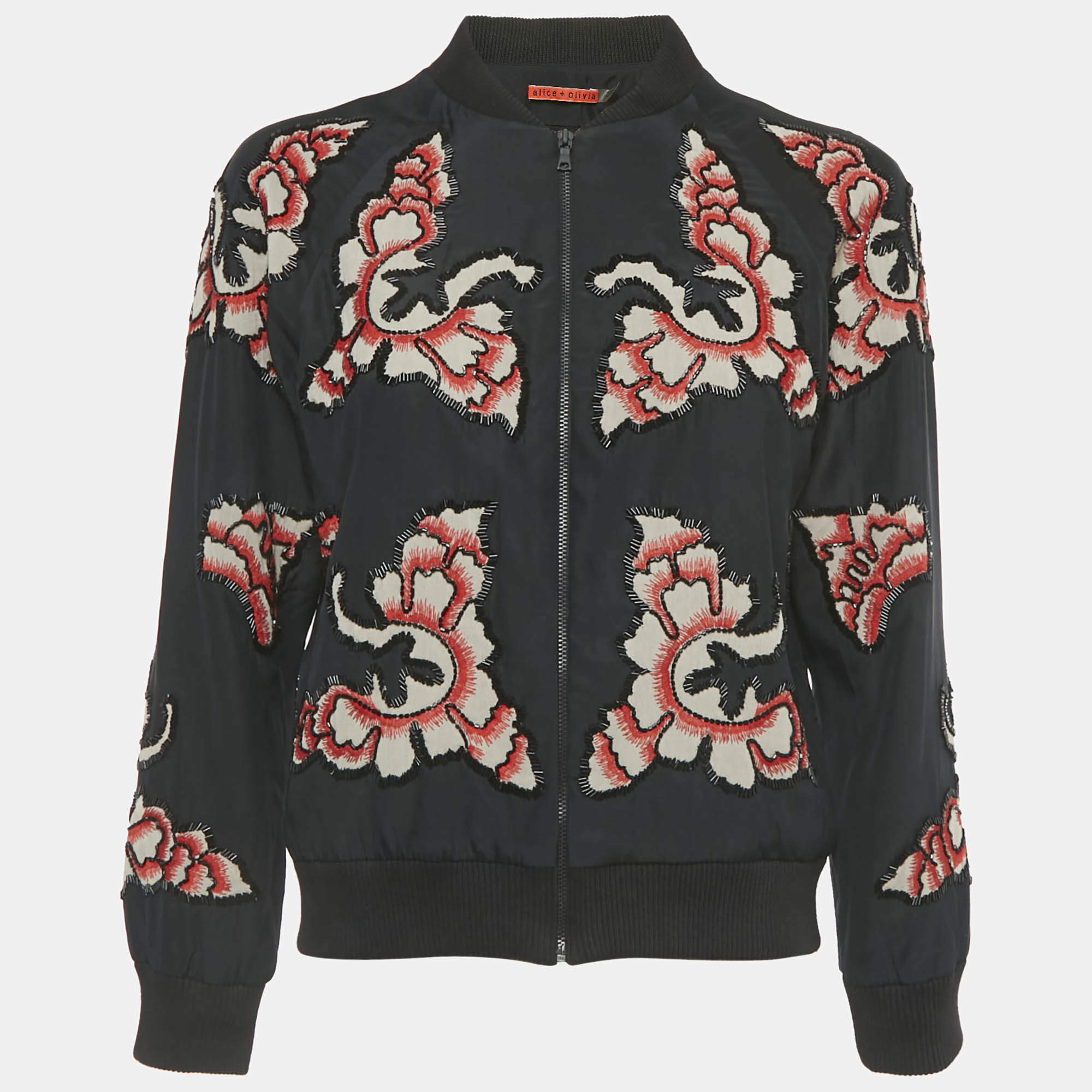 Pre Owned Alice + Olivia Black Embellished Silk Zip-Up Bomber Jacket XS