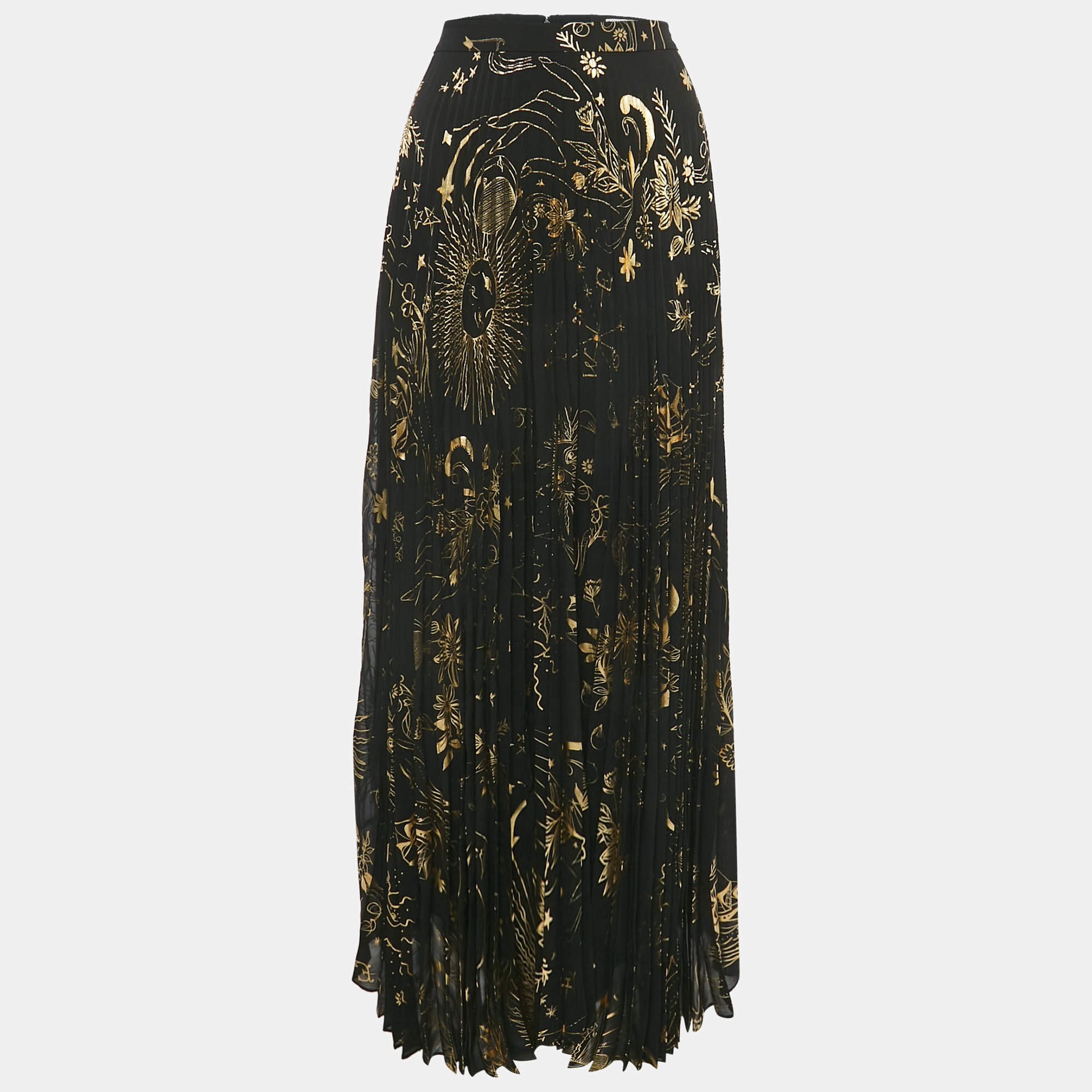 Pre Owned Alice + Olivia Black Printed Crepe Pleated Maxi Skirt M
