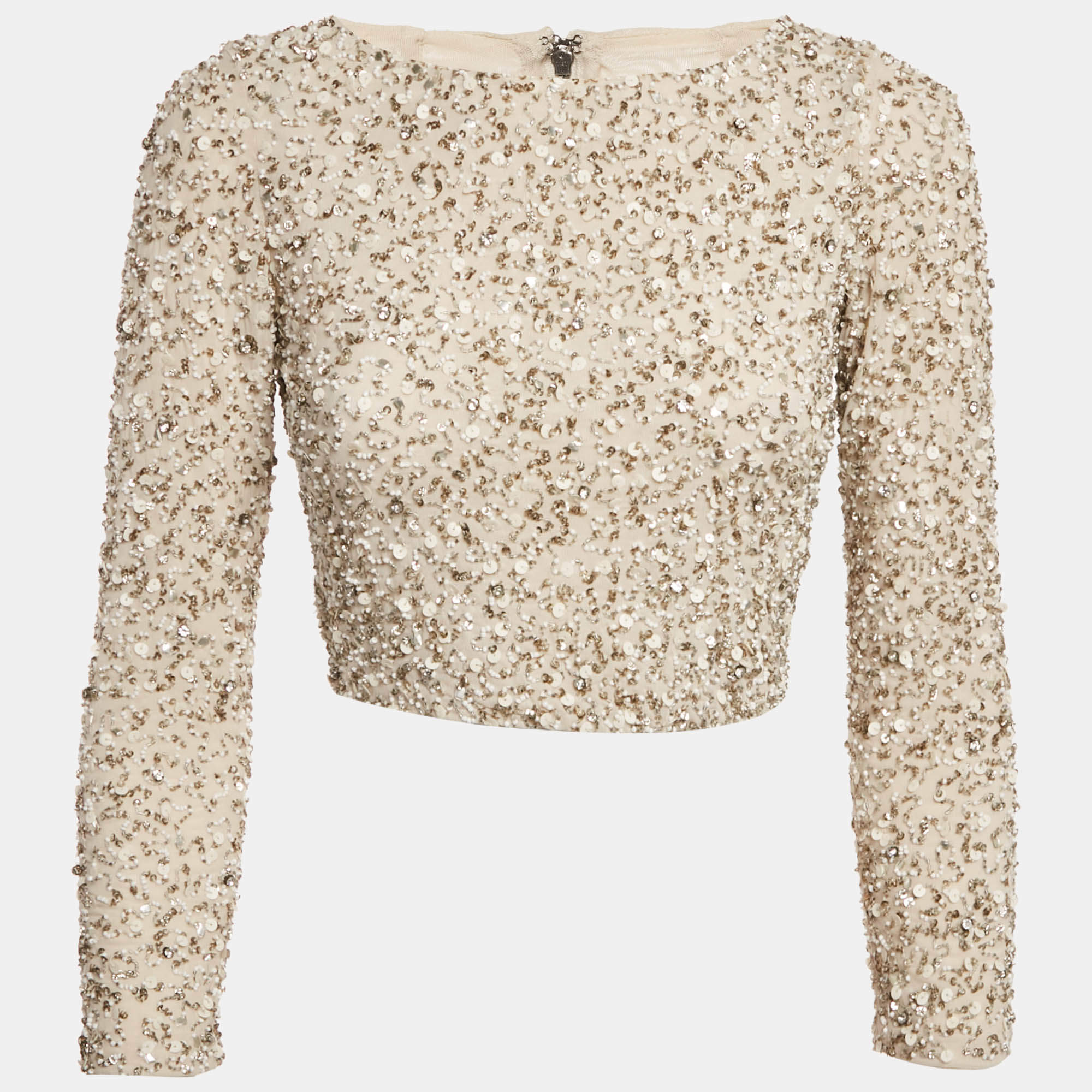 Pre Owned Alice + Olivia Beige Embellished Mesh Zip -Up Crop Top S