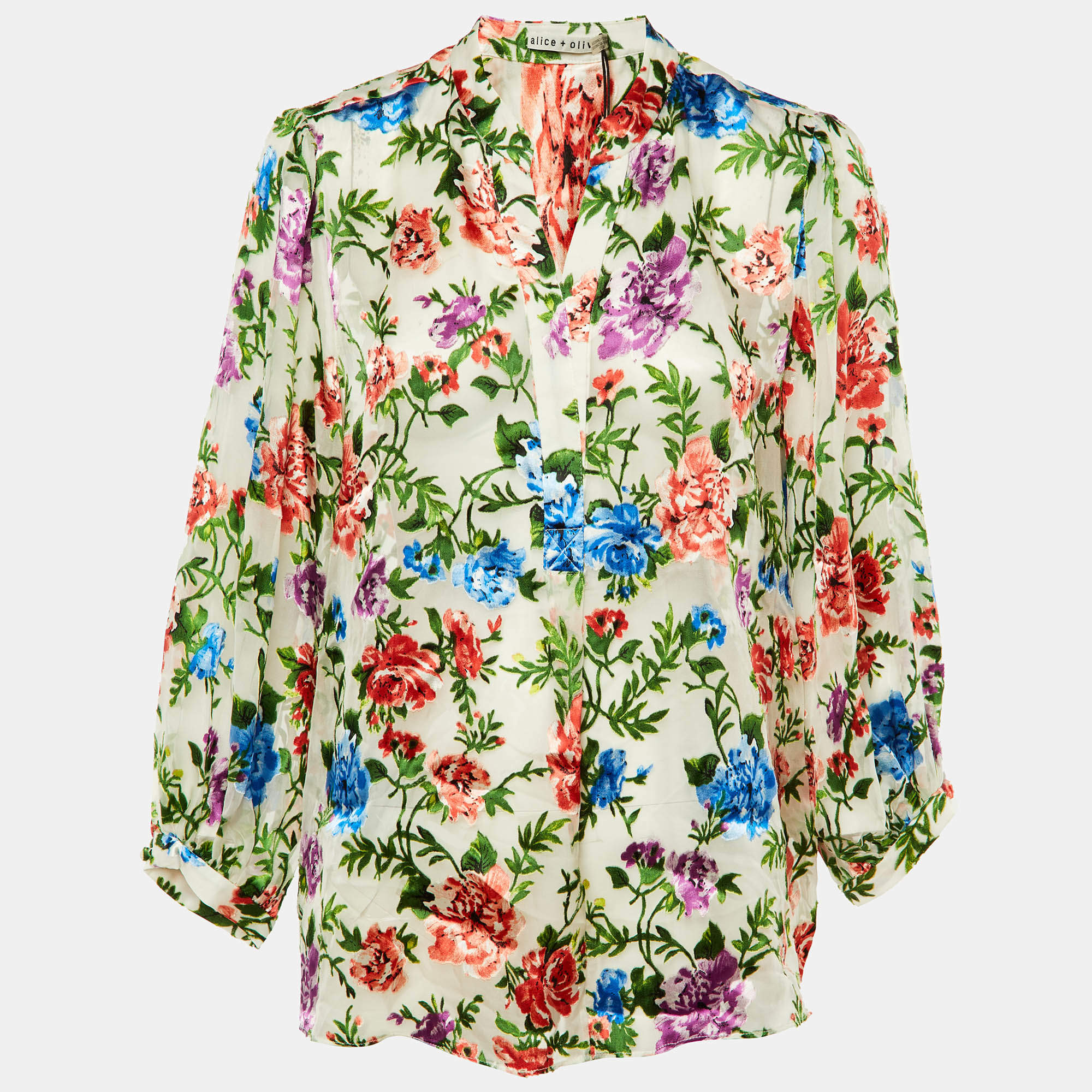 Pre Owned Alice + Olivia Cream Floral Devore Mandarin Collar Top XL