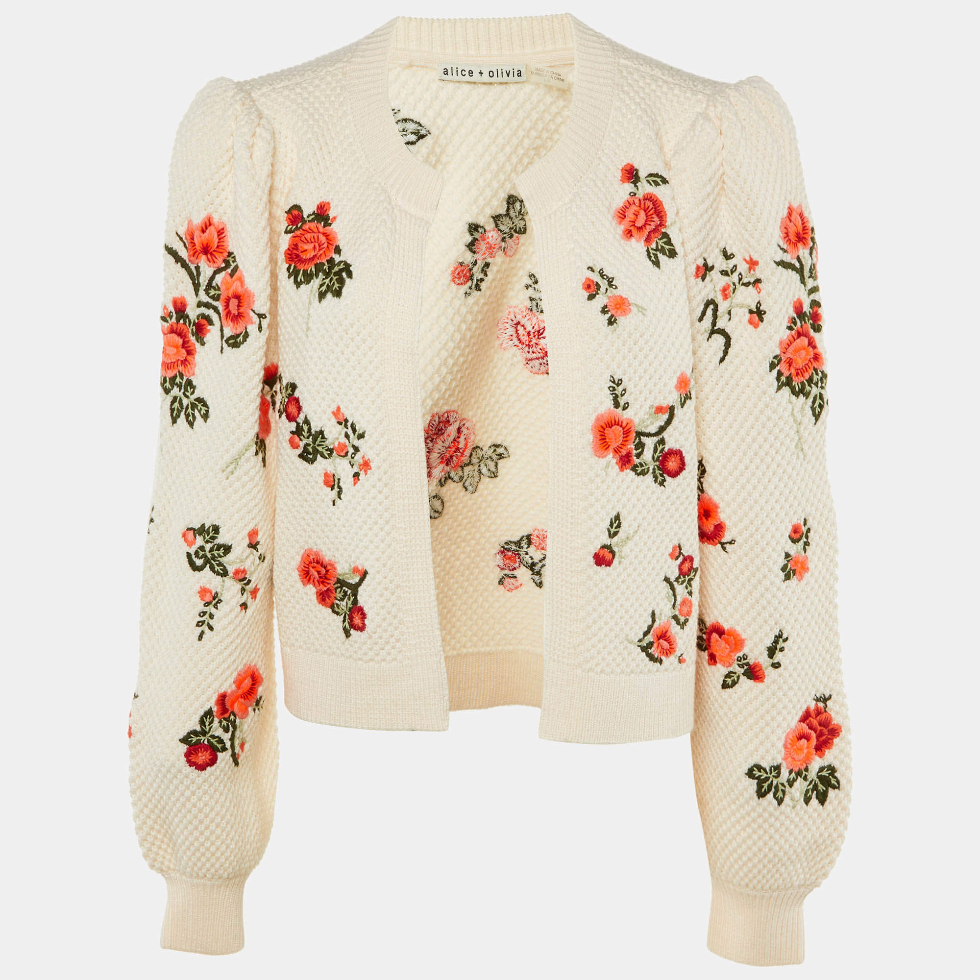 Pre Owned Alice + Olivia Cream Floral Intarsia Wool Puff Sleeve Kitty Cardigan L