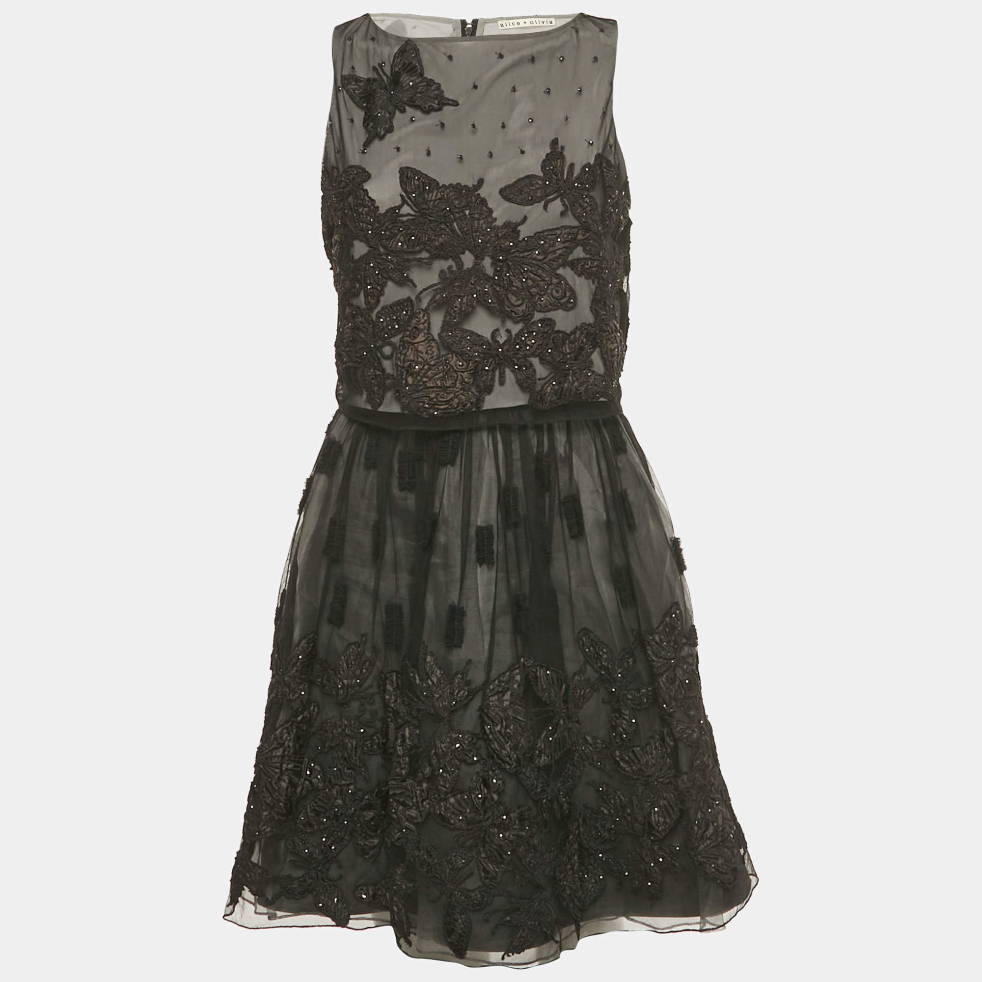 Pre Owned Alice + Olivia Black Embroidered Embellished Mesh Top & Skirt Set S