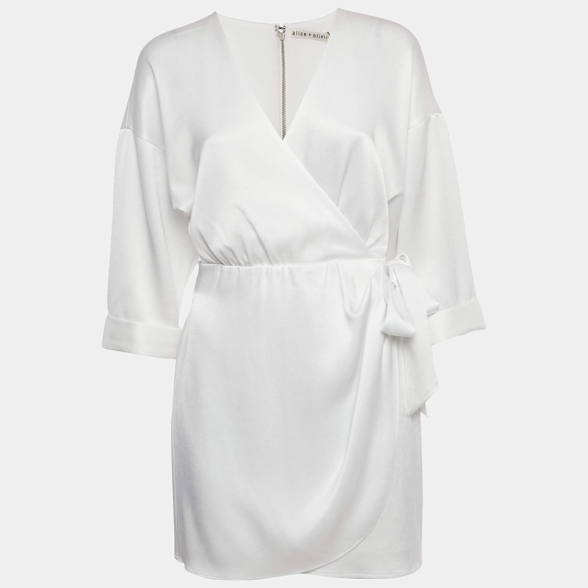 Pre Owned Alice + Olivia White Satin Tie Detail Mini Dress M 