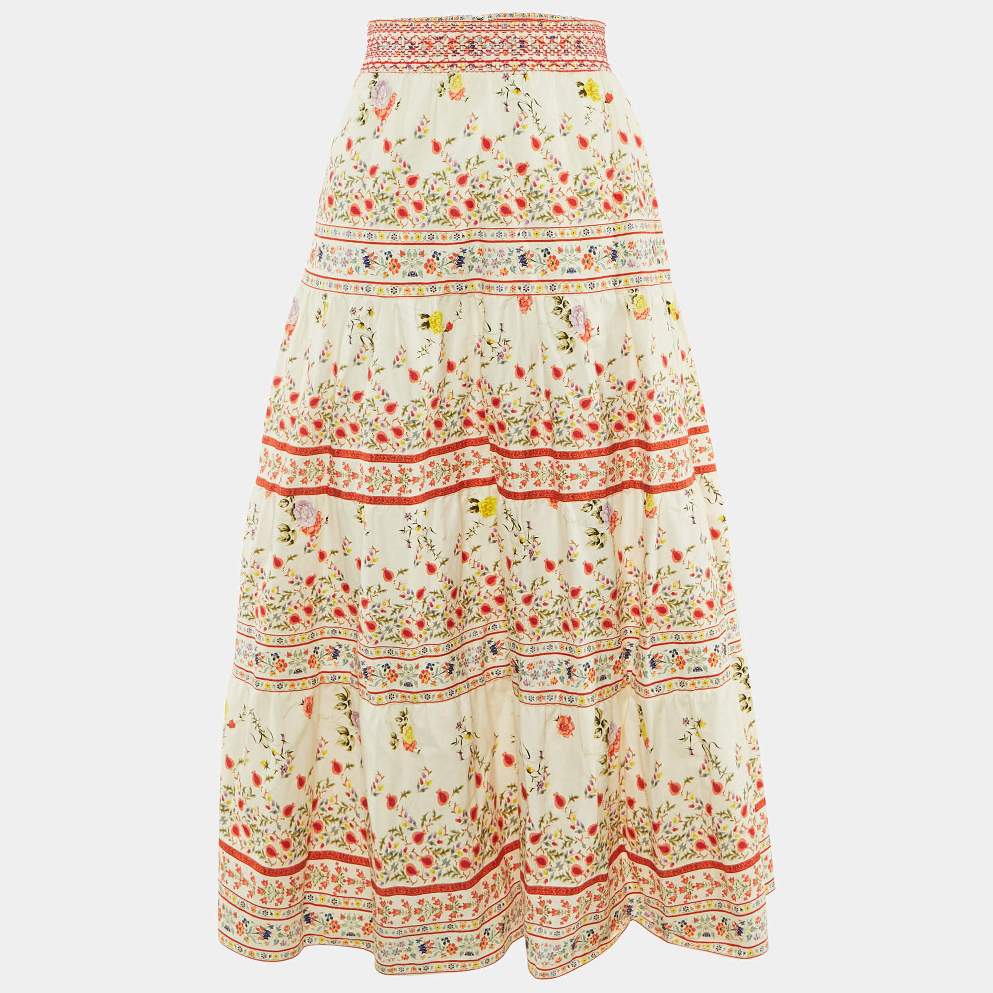 Pre Owned Alice + Olivia Beige Floral Print Linen & Cotton Tiered Melony Midi Skirt L  