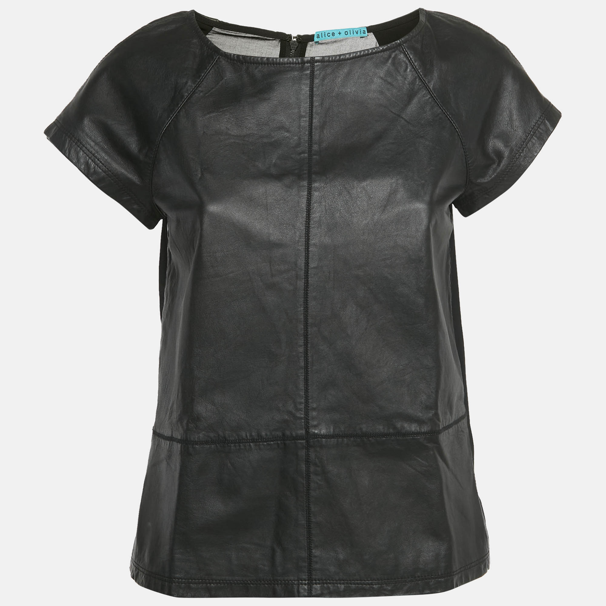 Pre Owned Alice + Olivia Black Leather and Chiffon Top M