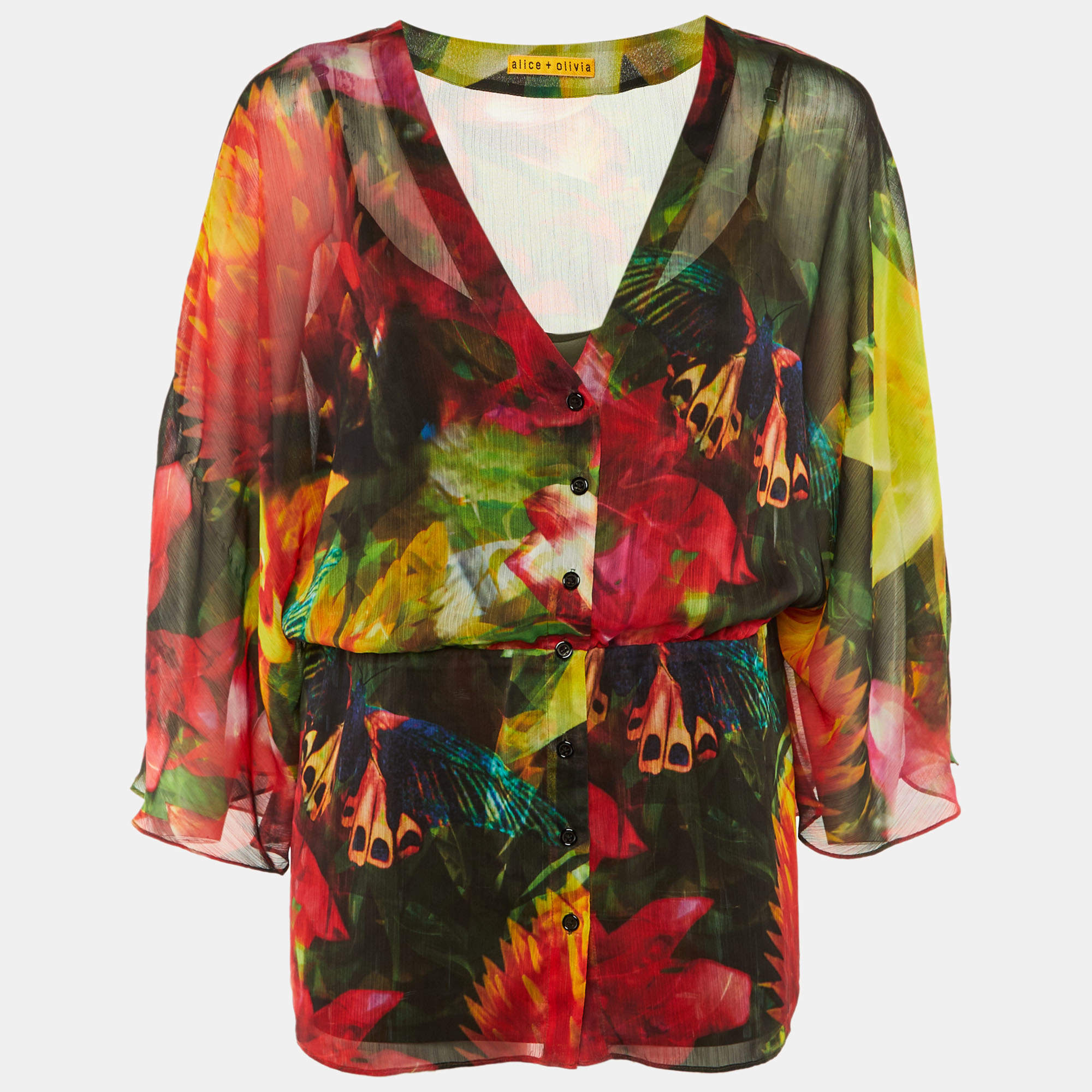 Pre Owned Alice + Olivia Multicolor Flower Butterfly Print Crepe Top M