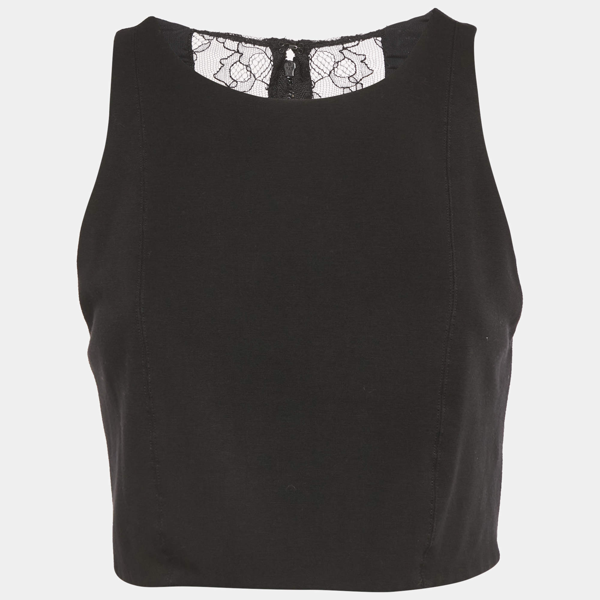 Pre Owned Alice + Olivia Black Lace Trim Jersey Zip-Up Crop Top M