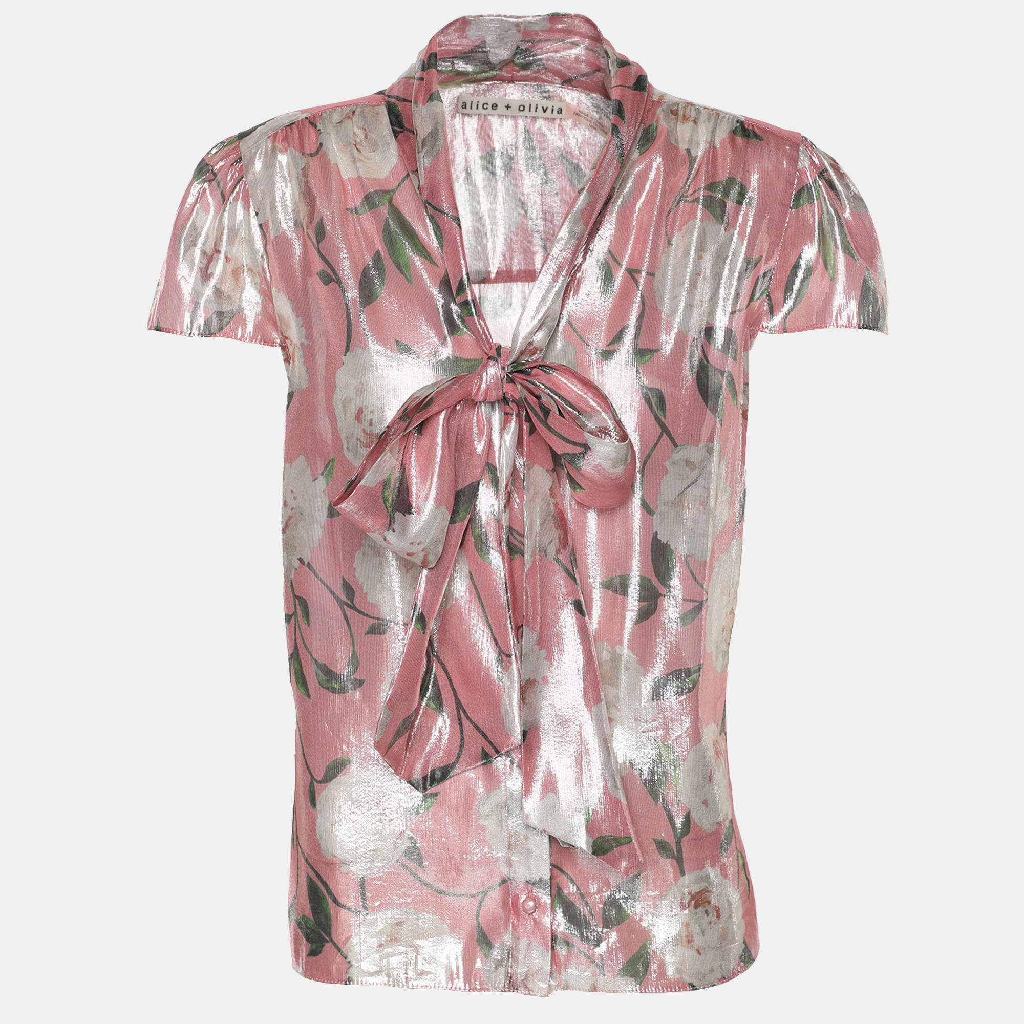 Pre Owned Alice + Olivia Metallic Pink Flora Print Lurex Knit Neck Tie Top M
