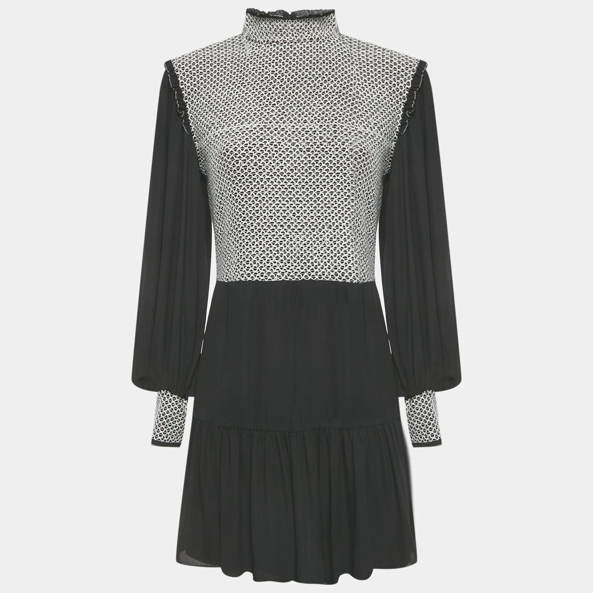 Pre Owned Alice + Olivia Black Embroidered Detail Crepe Elvira Tiered Mini Dress M