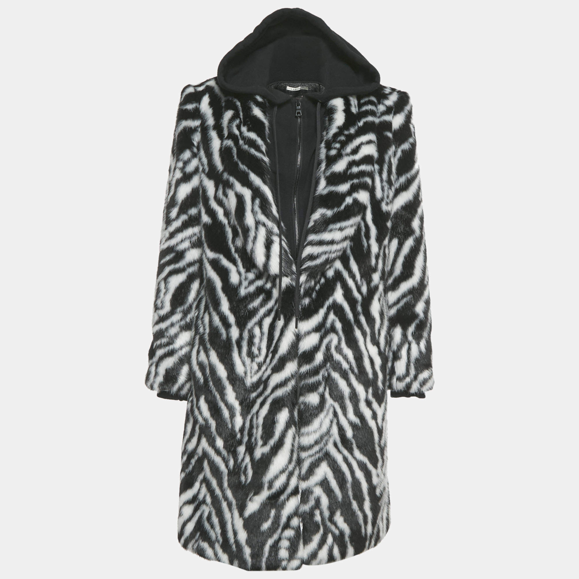 Pre Owned Alice + Olivia Black /White Animal Print Faux Fur Detachable Hood Coat M
