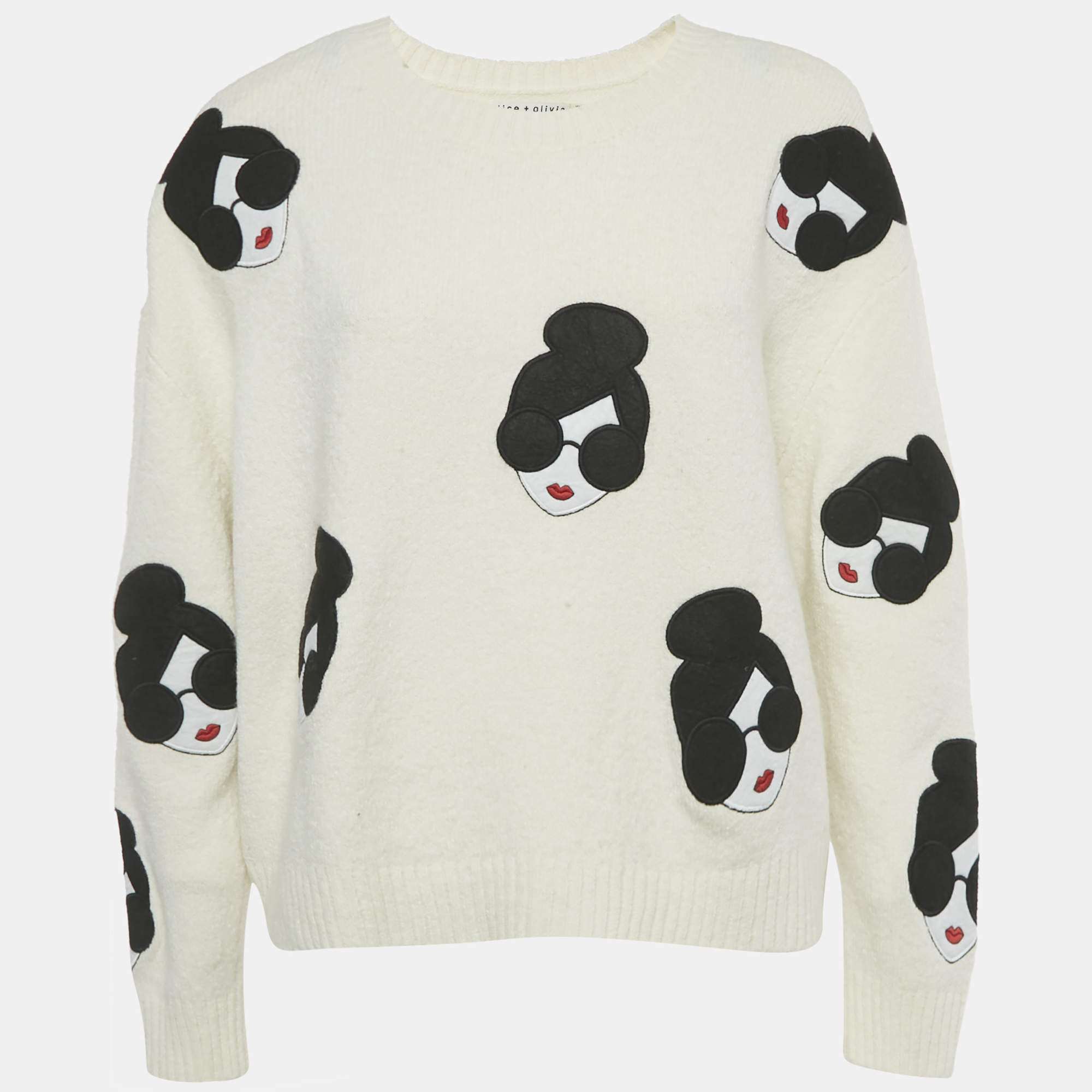 Pre Owned Alice + Olivia White Girl Applique Stretch Knit Sweater M