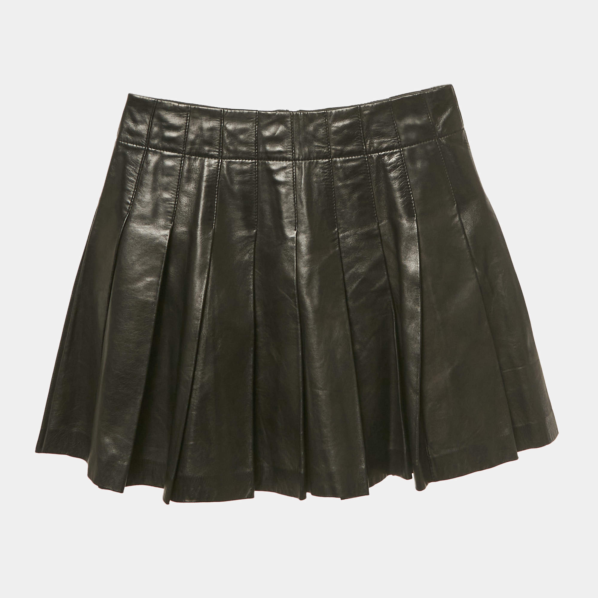 Pre Owned Alice + Olivia Black Leather Pleated Mini Skirt S