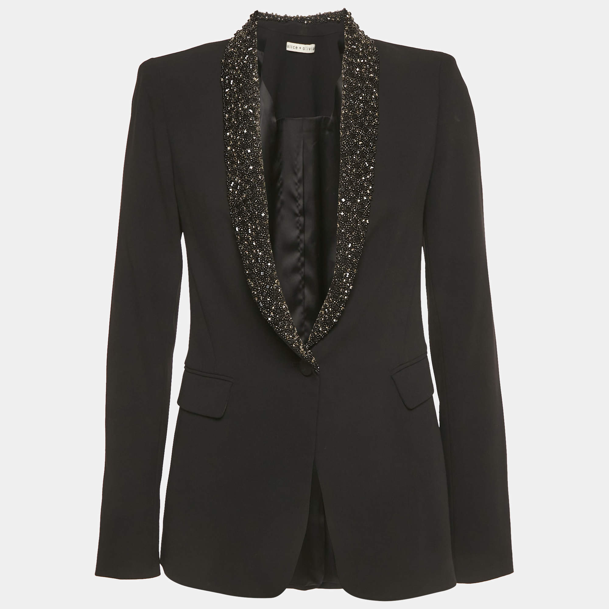 Pre Owned Alice + Olivia Black Beaded Collar Crepe Blazer M