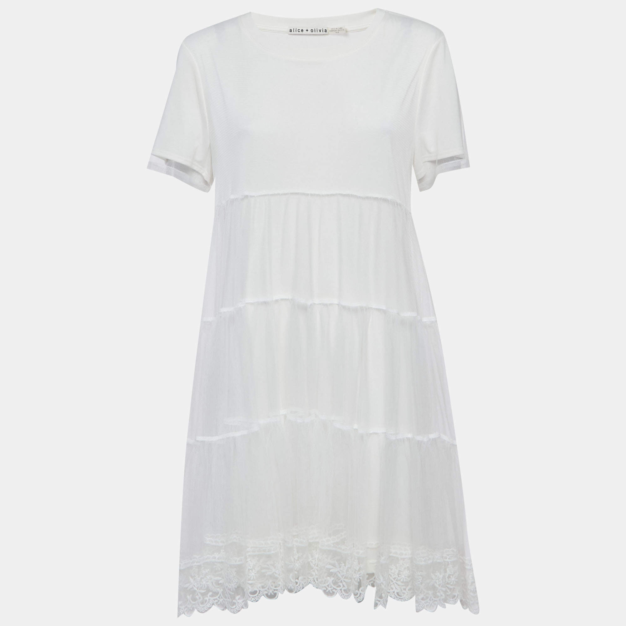 Pre Owned فستان آليس + أوليفيا أبيض جيرسي ودانتيل كلوش قصير ميديوم