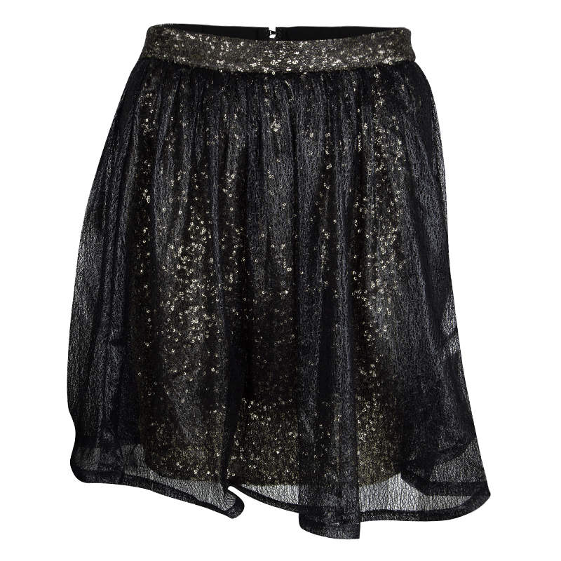 Alice + Olivia Black Mesh Overlay Sequin Embellished Gathered Skirt M