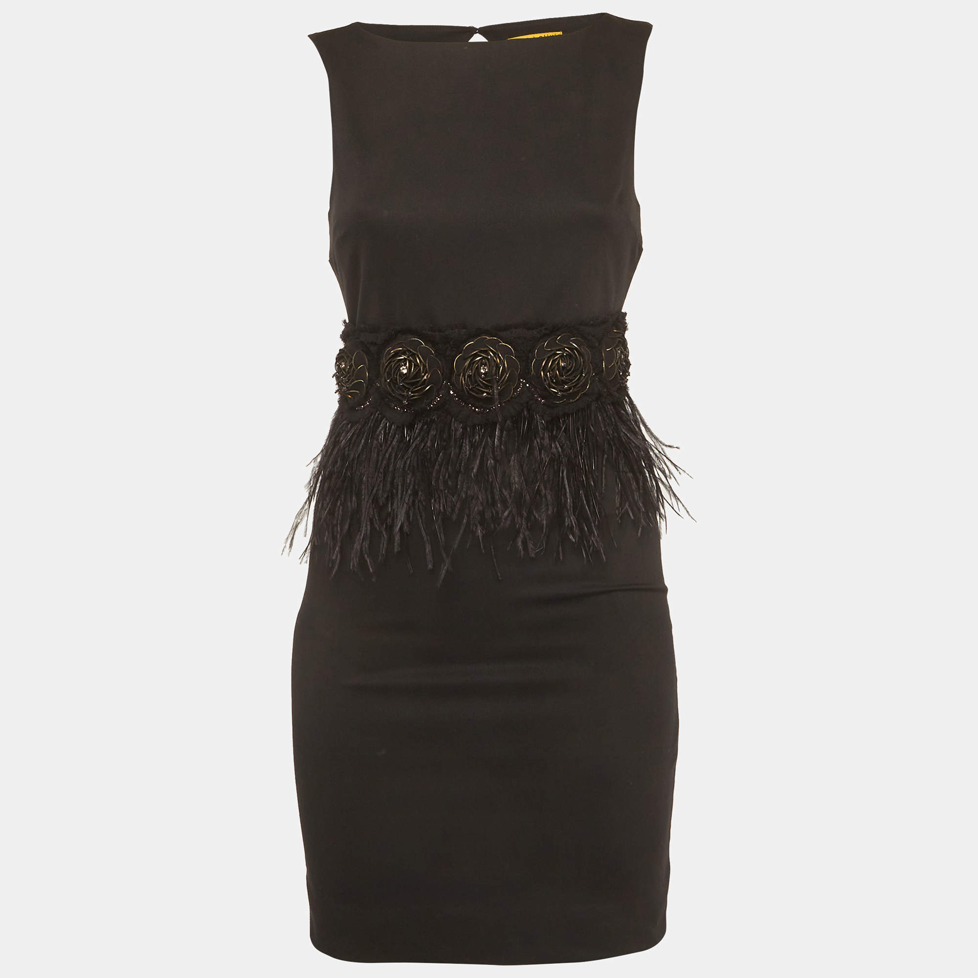 Pre Owned Alice + Olivia Black Feather Trim Crepe Marigay Rosette Mini Dress XS