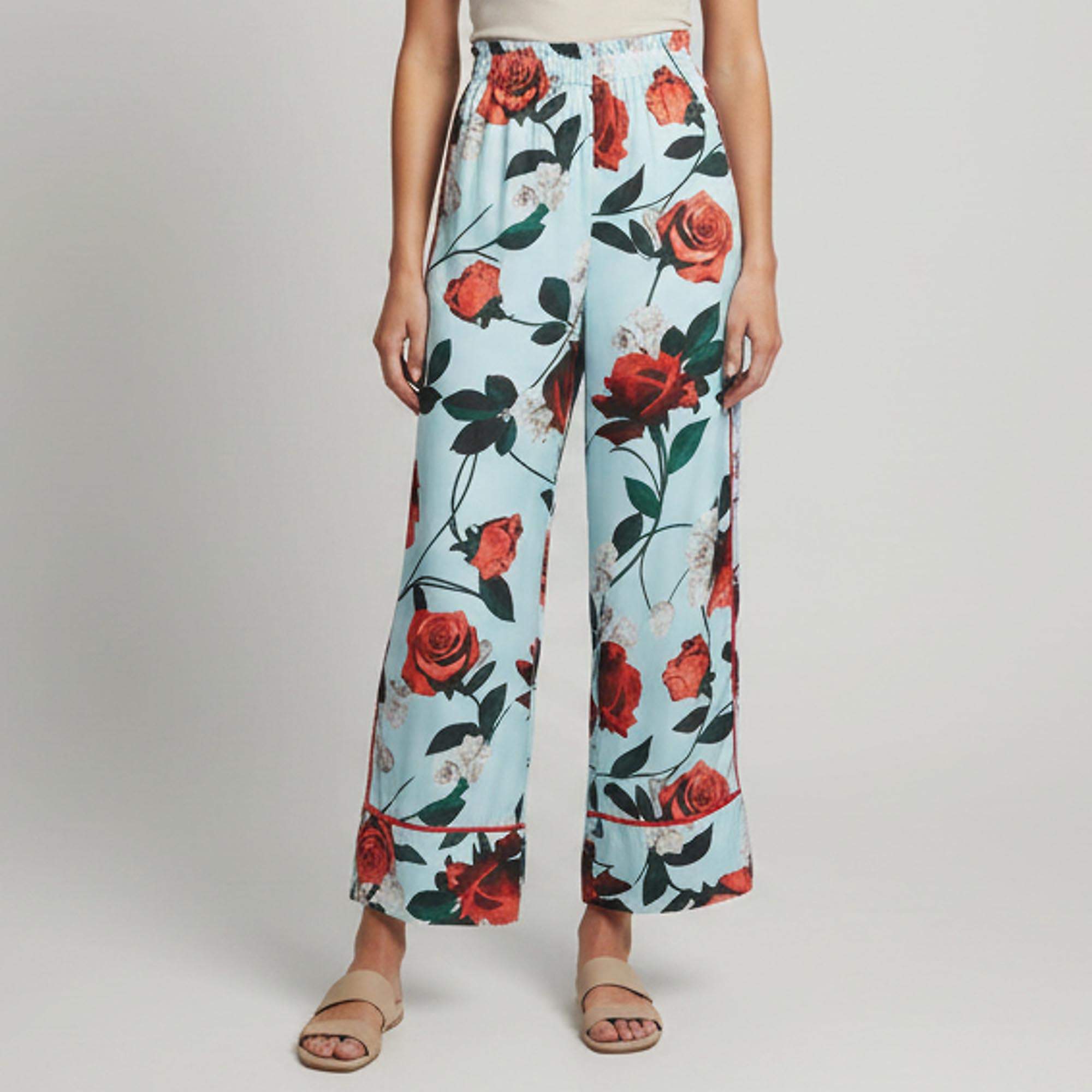 Pre Owned Alice + Olivia Blue Floral Print Satin Wide Leg Elba Pants L