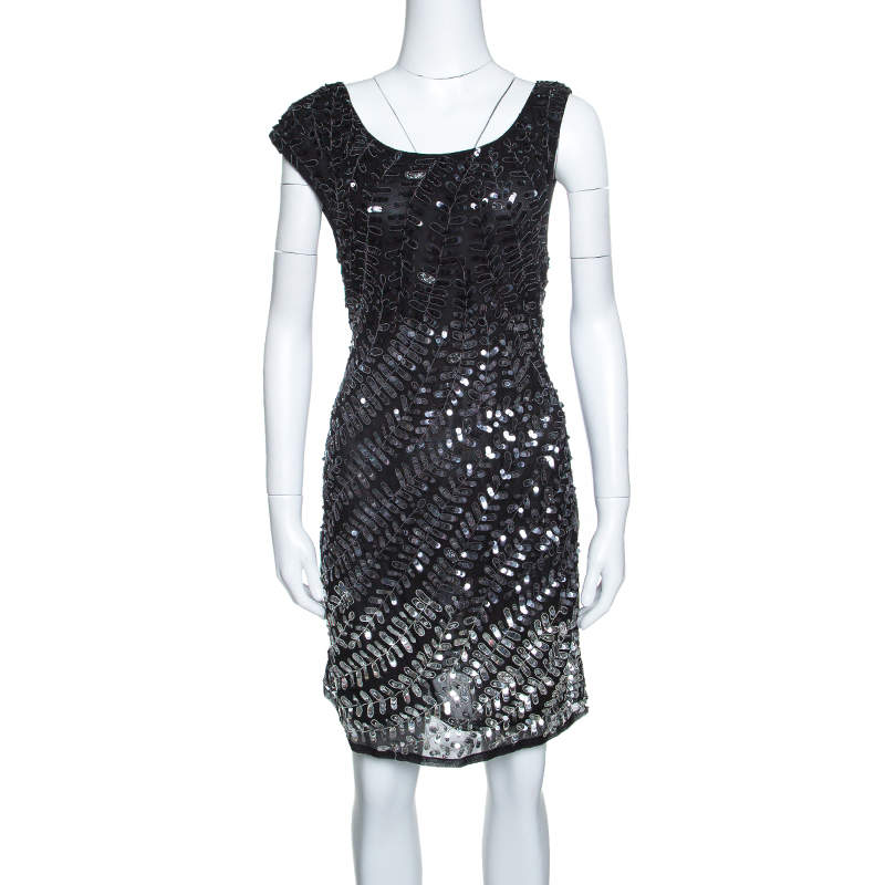 Alice + Olivia Black and Silver Sequin Embellished Sleeveless Charlie ...