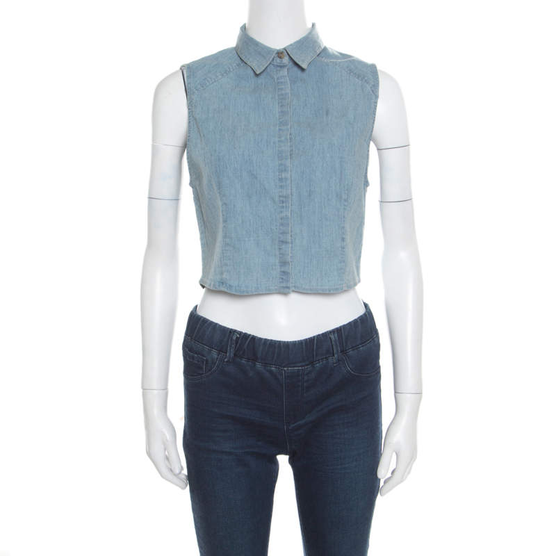 Alice + Olivia Indigo Faded Effect Denim Sleeveless Lea Cropped Blouse S