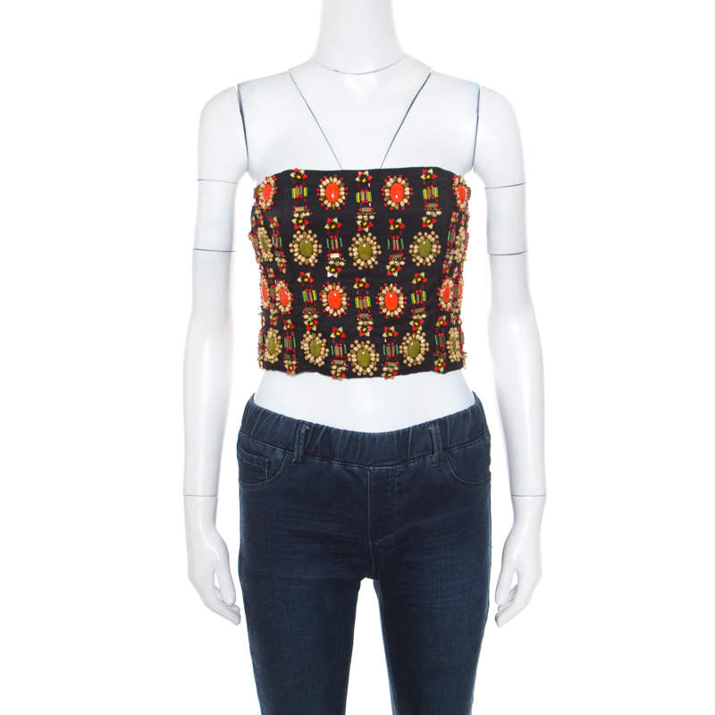Pre Owned Alice + Olivia Black Beaded Strapless Saraphina Top S