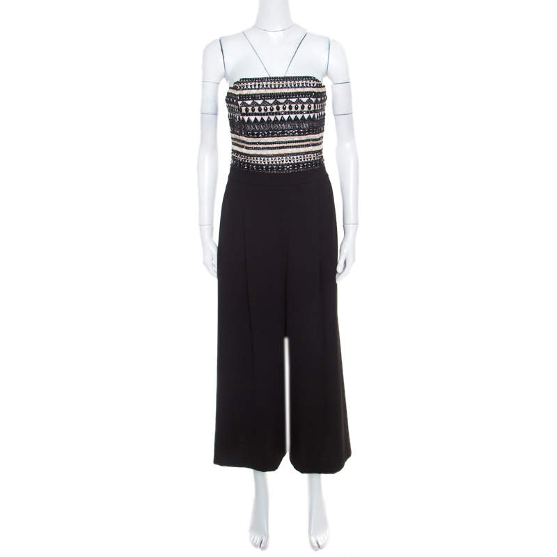 Alice + Olivia Monochrome Embellished Strapless Emberley Culotte Jumpsuit S